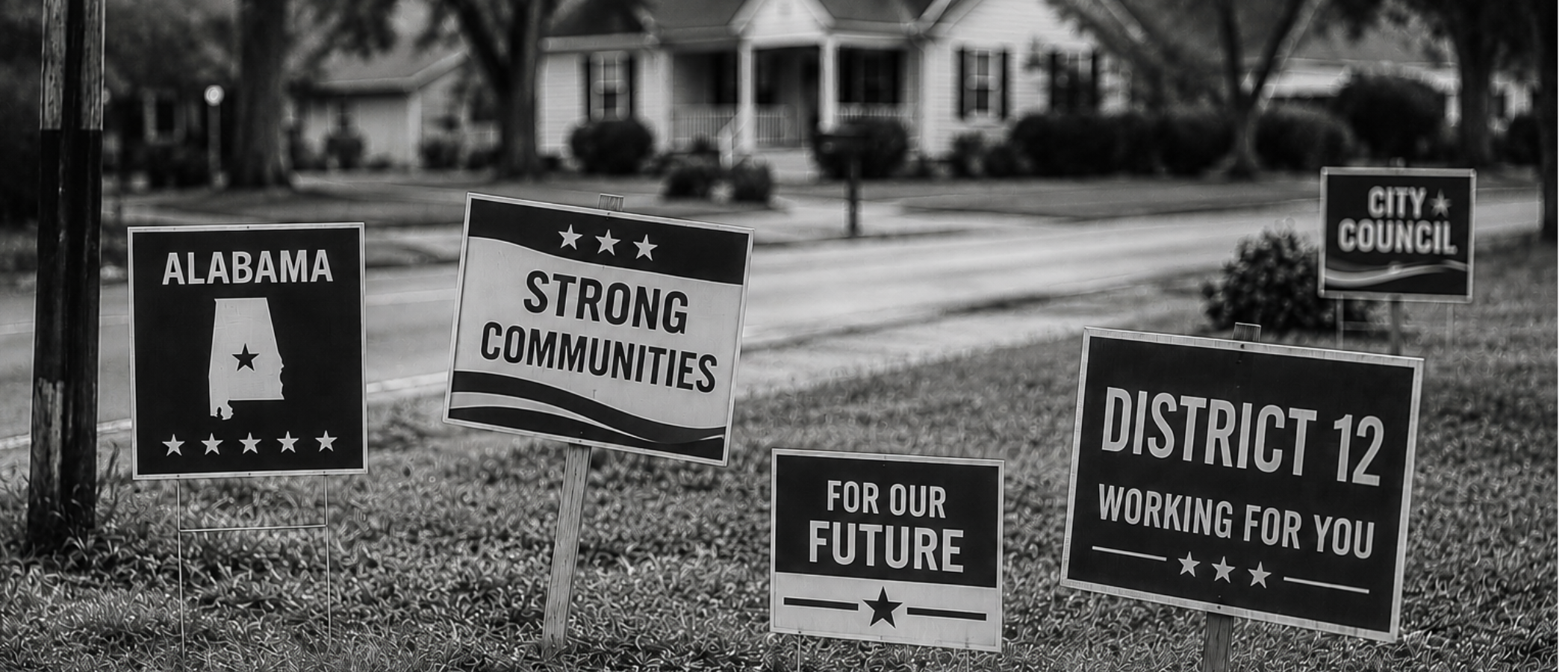 generic campaign signs in a yard adjacent to a road - house in the background