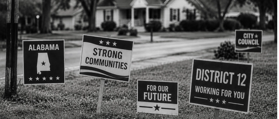 generic campaign signs in a yard adjacent to a road - house in the background