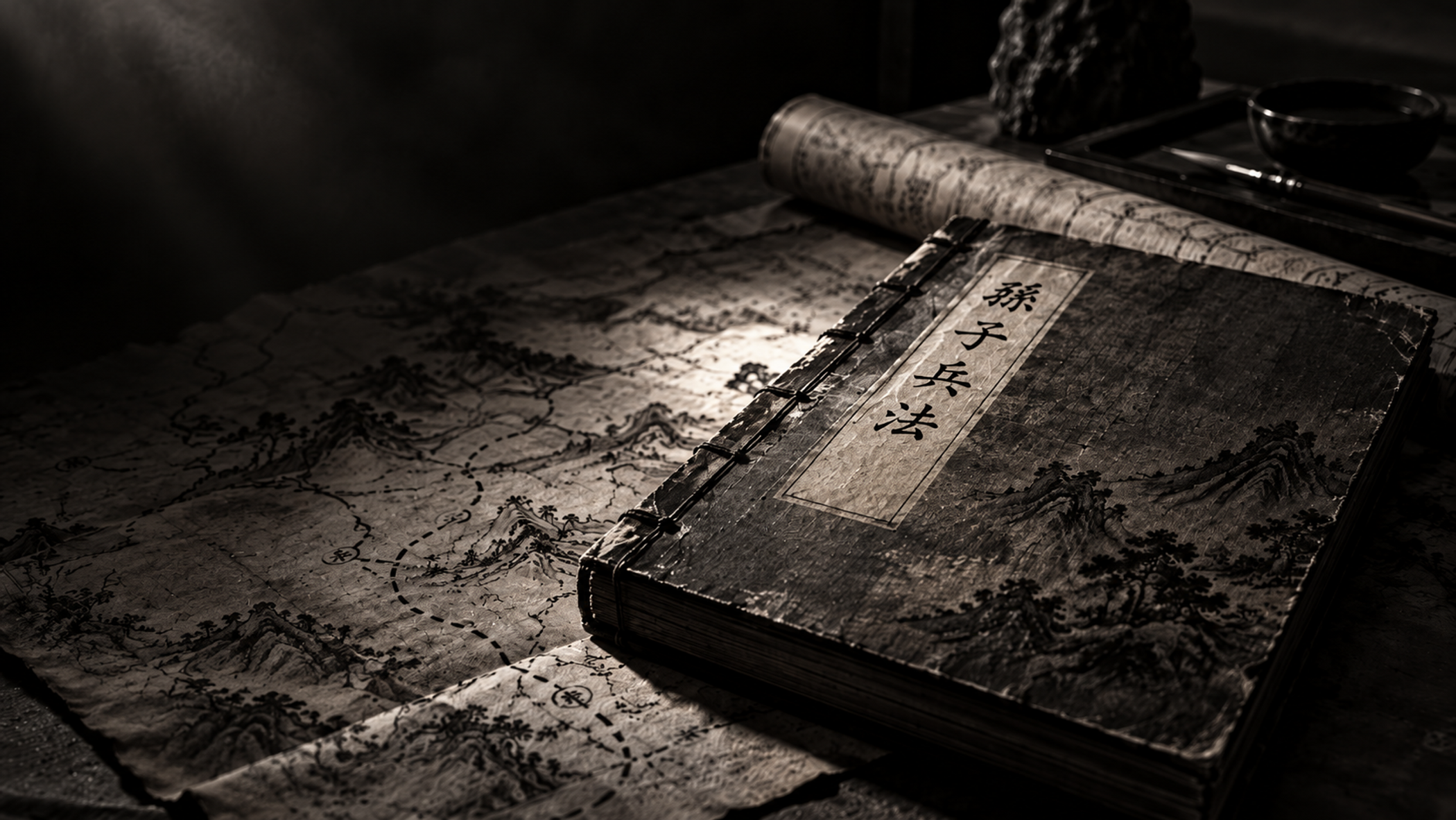 An antique copy of Sun Tzu’s The Art of War resting on a traditional map in a dark, black-and-white setting.