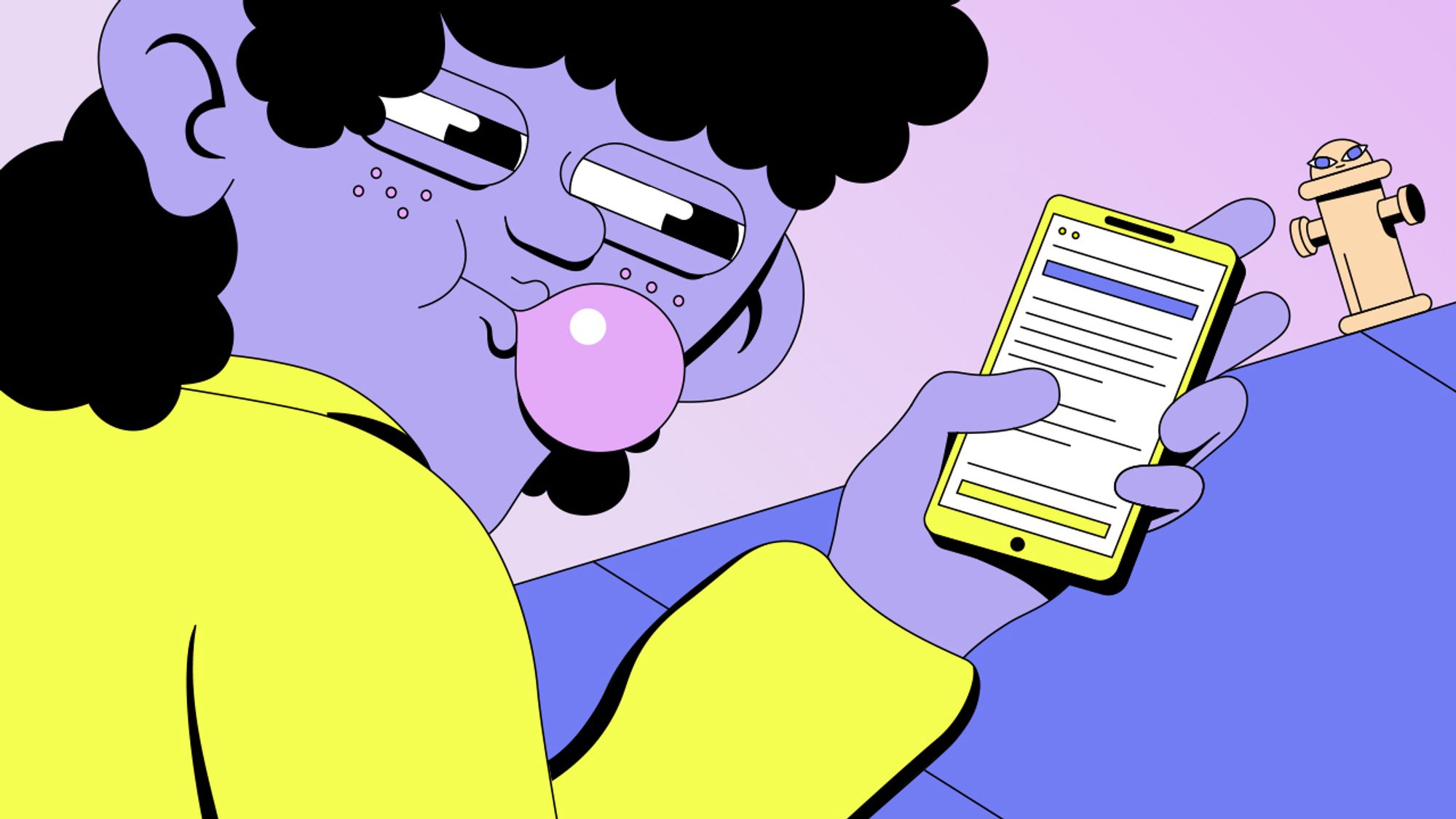 Cartoon teen on phone, blowing a bubble