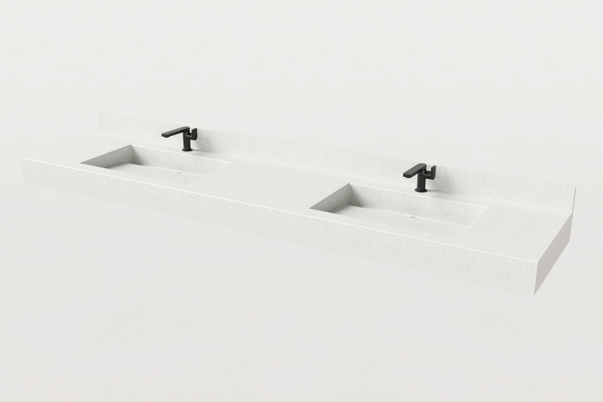 White concrete sink with two basins and two matte black faucets, shown with a low backsplash.