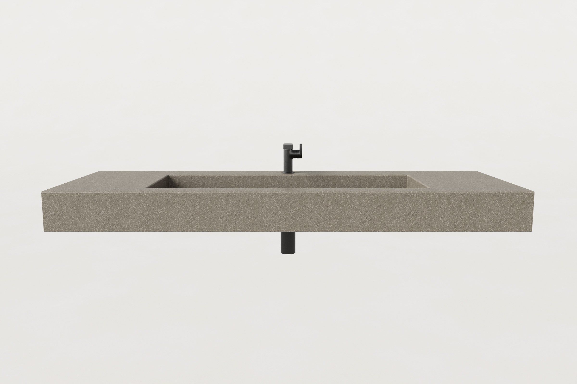 Front elevation view of Trof Drop 60 sink in Hurricane finish with matte black faucet and centered drain pipe.