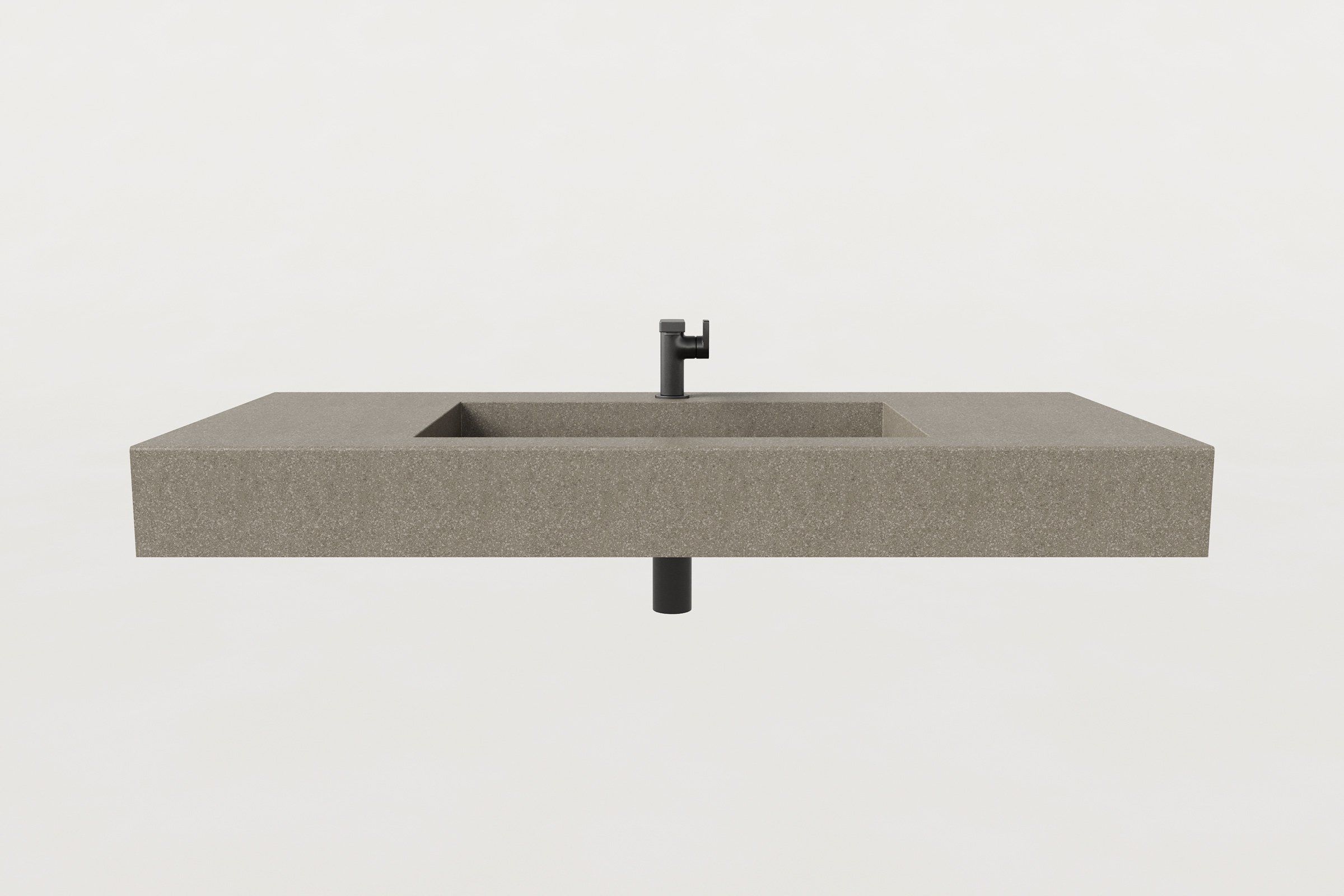 Front view of Hurricane finish Trof Flow 48 sink with matte black faucet and exposed drainpipe.