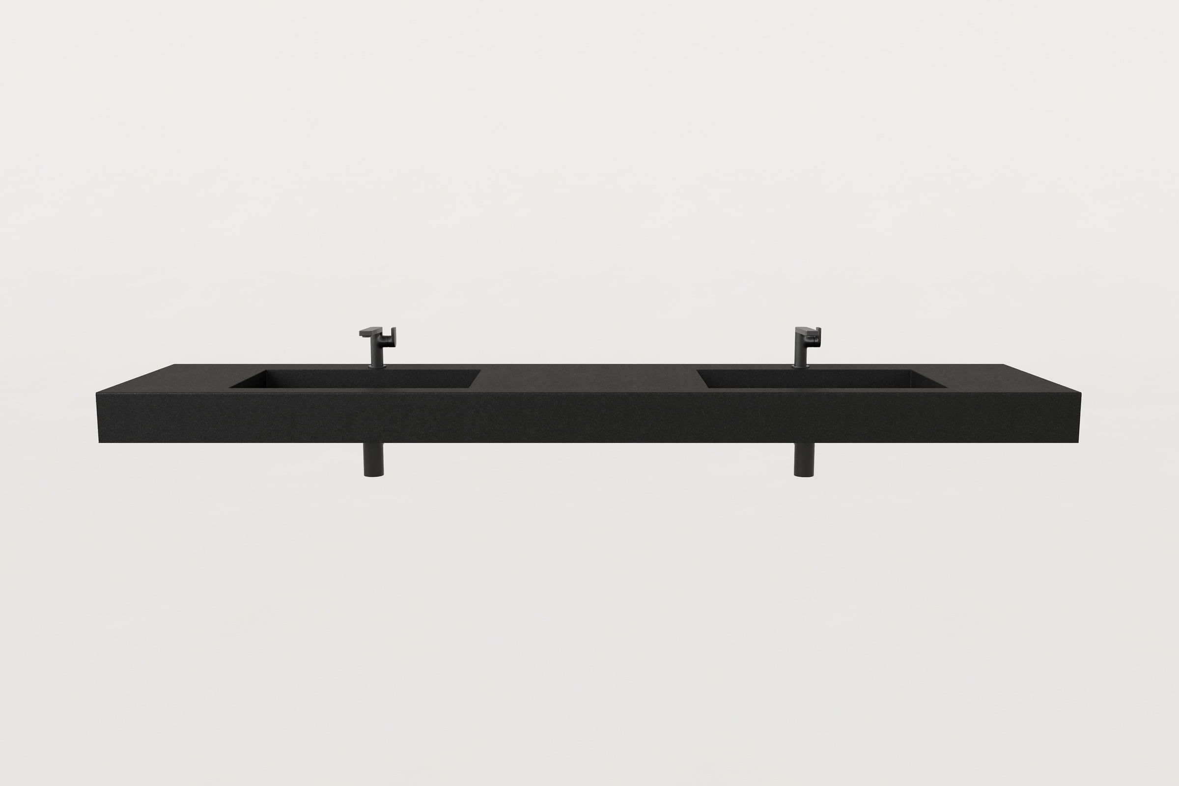 Front view of black double-basin Trof sink with two drains.