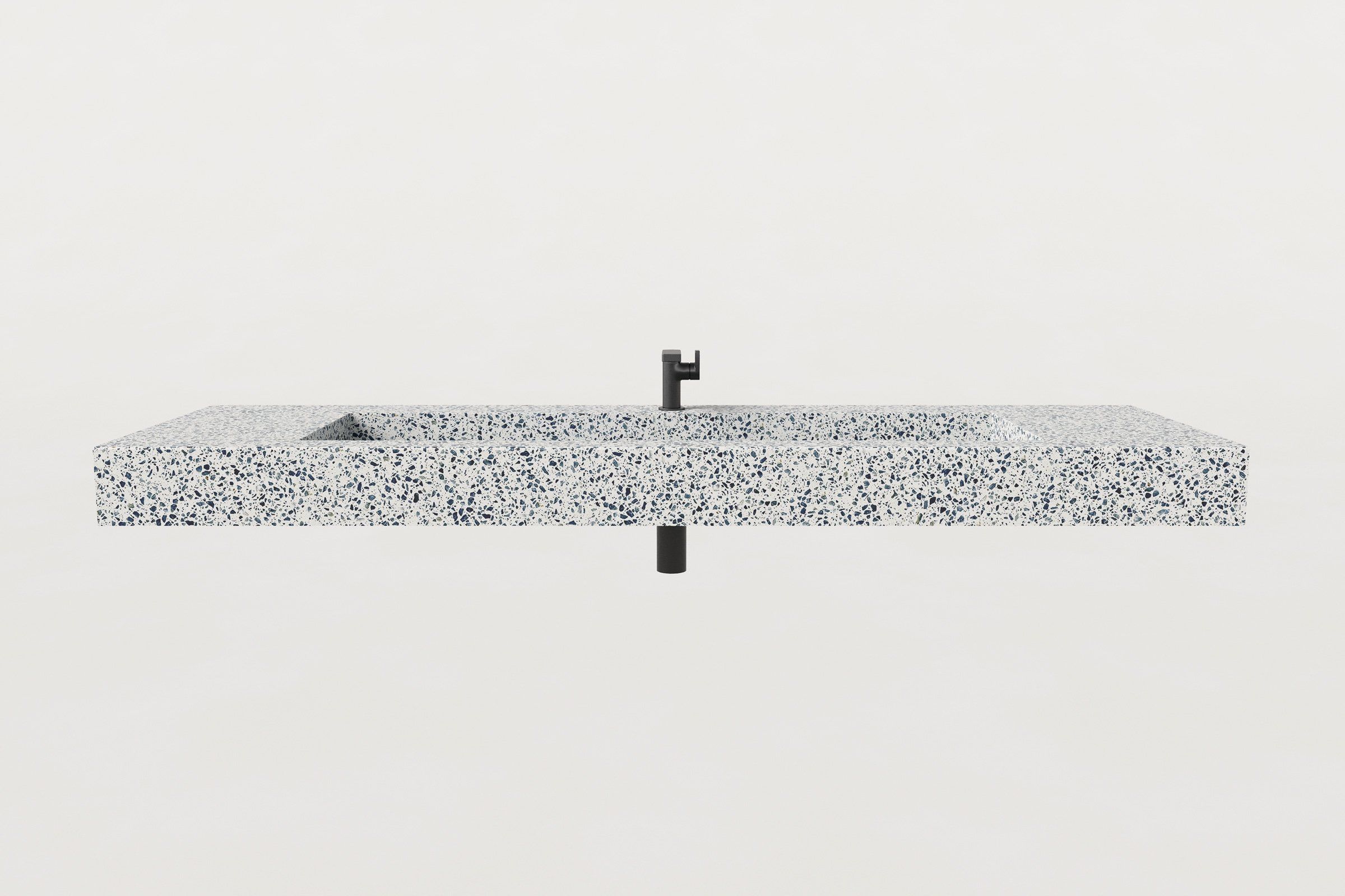 Front elevation of Manos Trof 72" trough sink in Unazzo terrazzo finish, clean linear design.