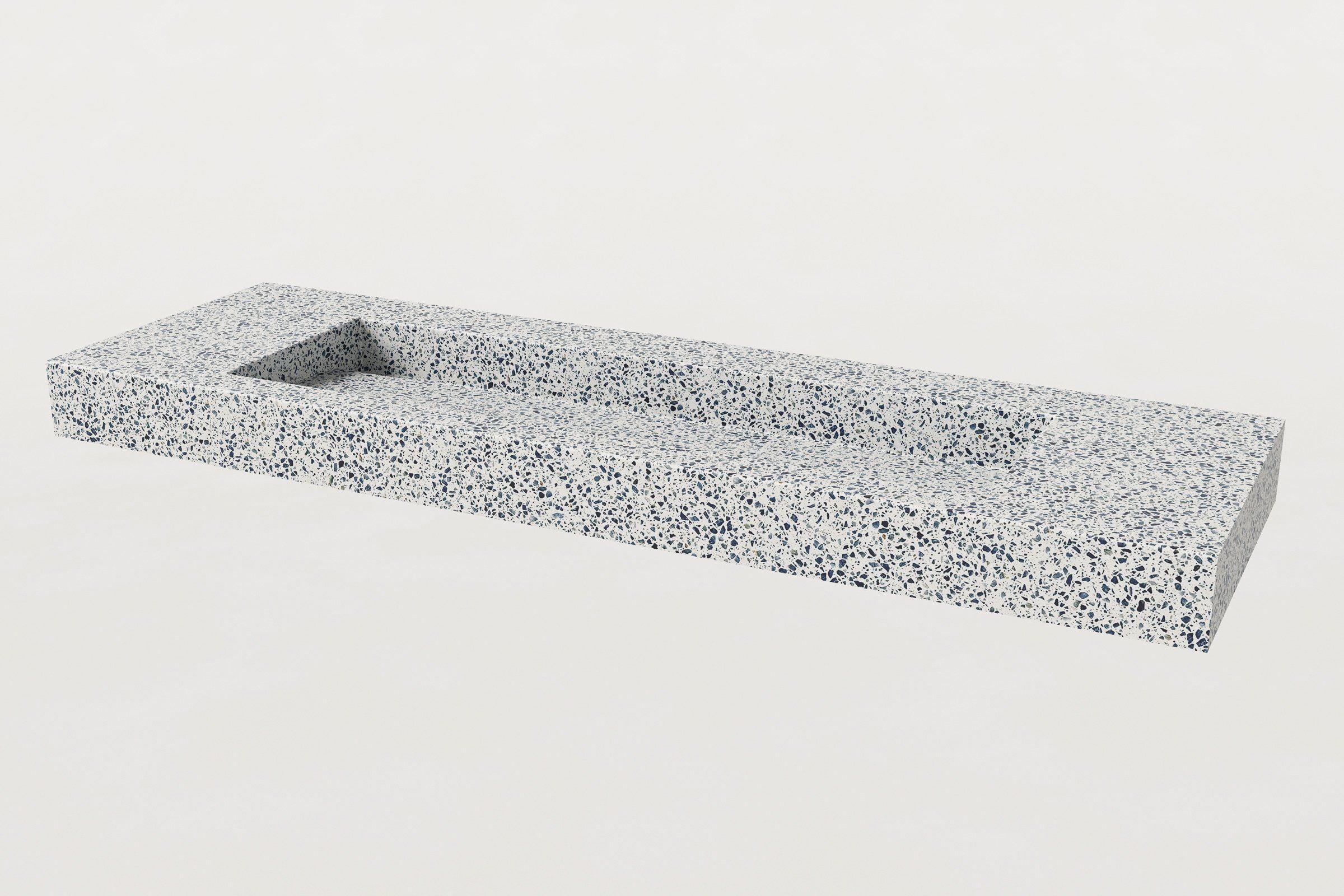Rendered image of a rectangular terrazzo trough sink in white with navy and gray aggregate, wide shallow basin.