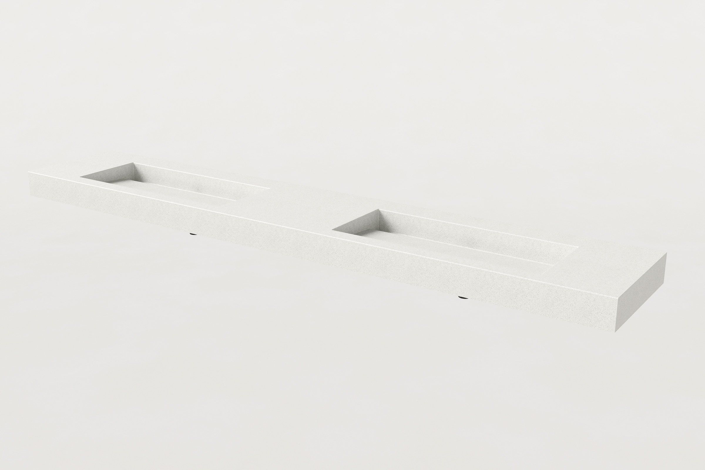 A white concrete sink featuring two separate rectangular basins without faucets, set against a plain background.