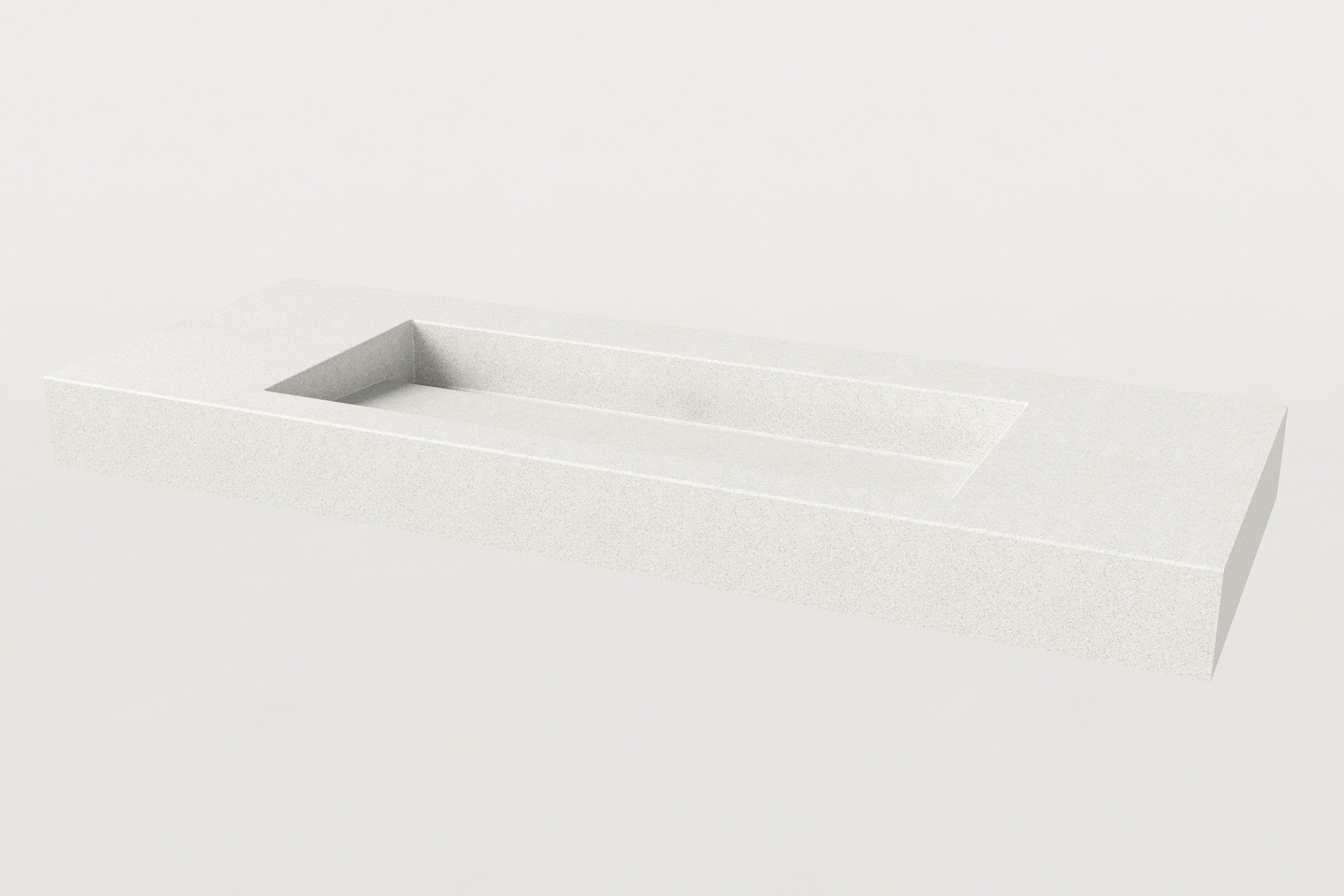 Front view of the Trof Drop 60 Chalk sink by Manos, a minimalist ADA-compliant concrete vanity with integrated basin and matte black faucet.