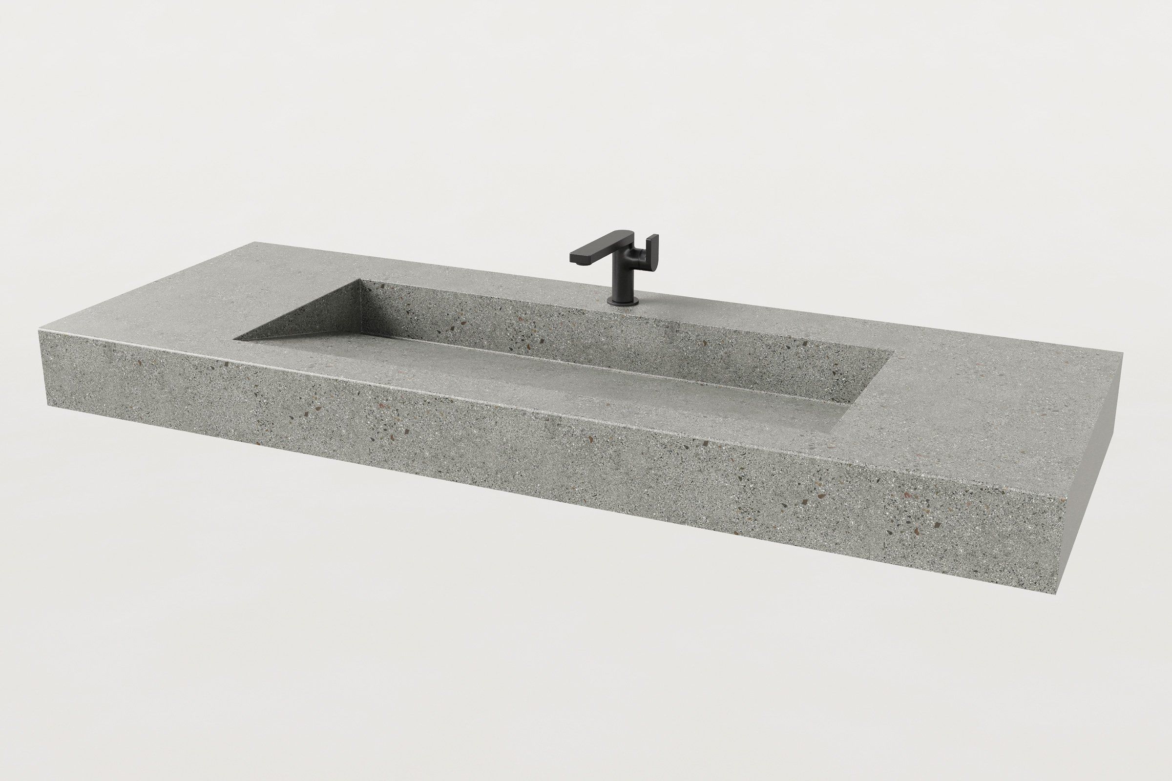 Gray terrazzo Manos Trof Flow 60 concrete sink in Juda finish with matte black modern faucet.