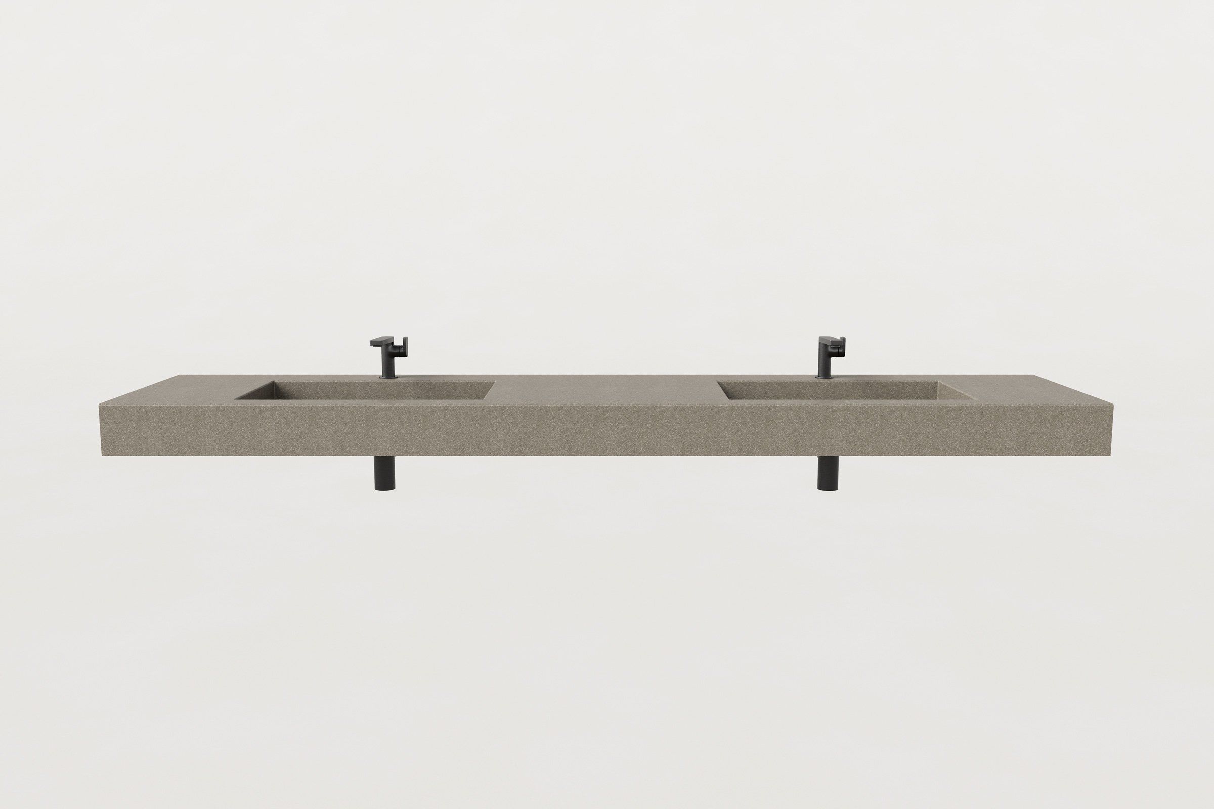 Front view of wall-mounted double-basin concrete sink in hurricane finish with two faucets.