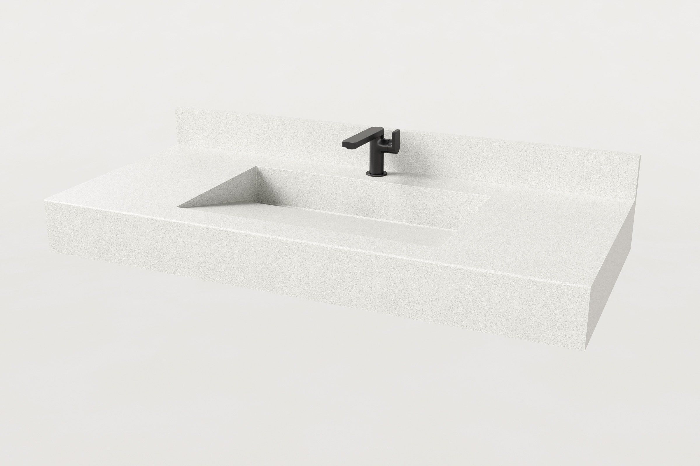 Wall-mounted Manos Trof Flow 48 sink in Chalk finish with backsplash and matte black faucet.