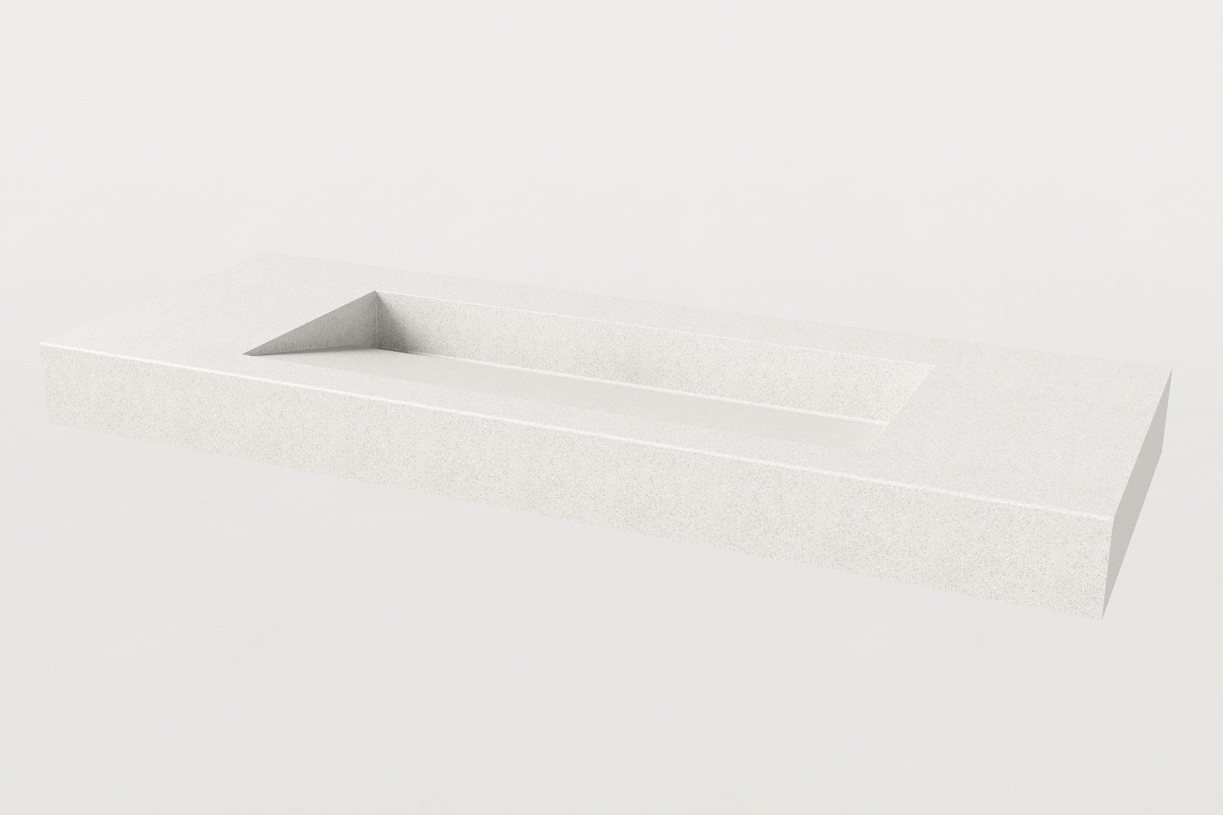 Render of a rectangular Chalk concrete sink basin with a sloped trough design, without faucet or backsplash.