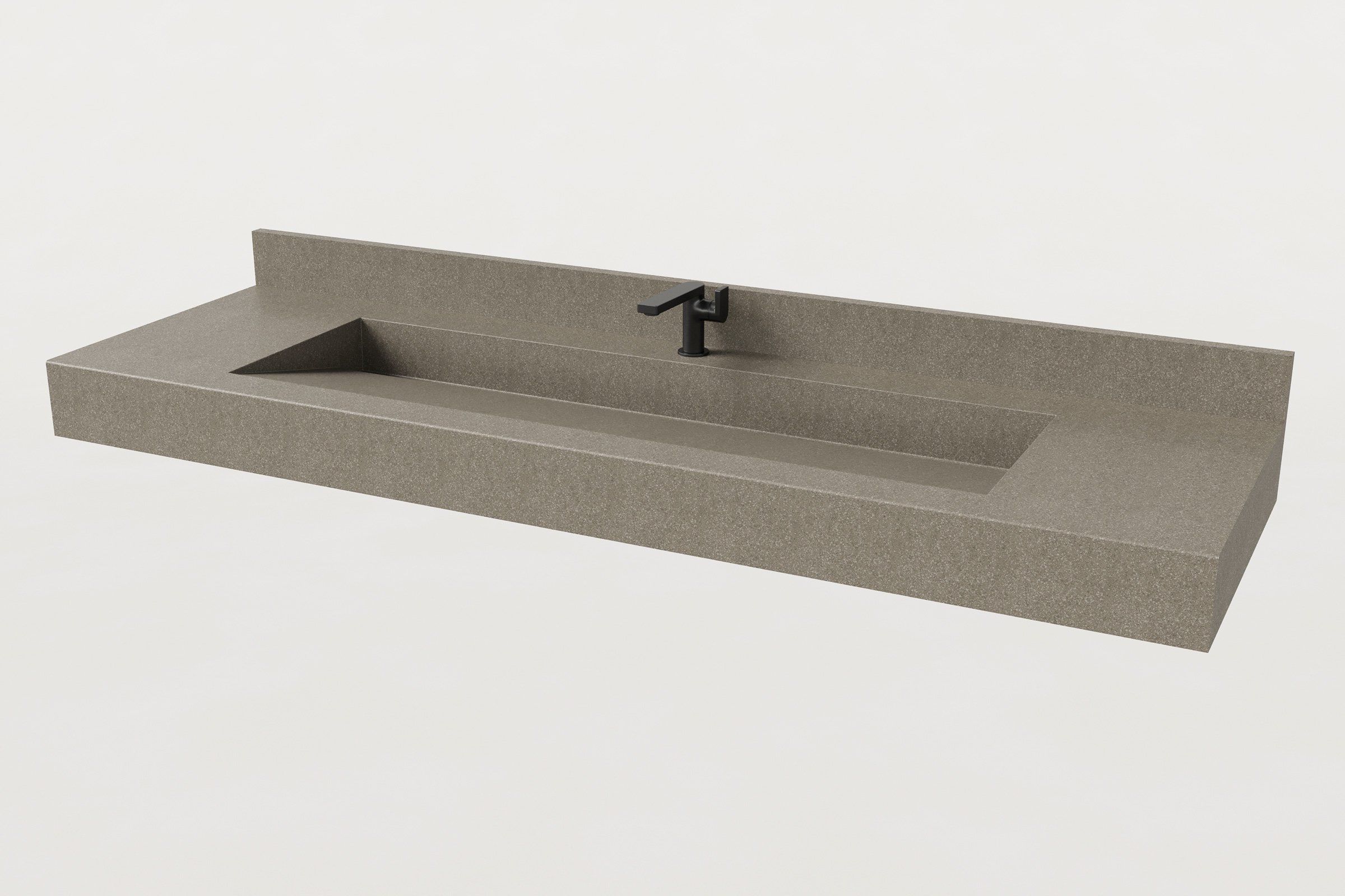 A taupe-grey concrete sink with a matching integrated backsplash and a single black faucet centered above the basin.