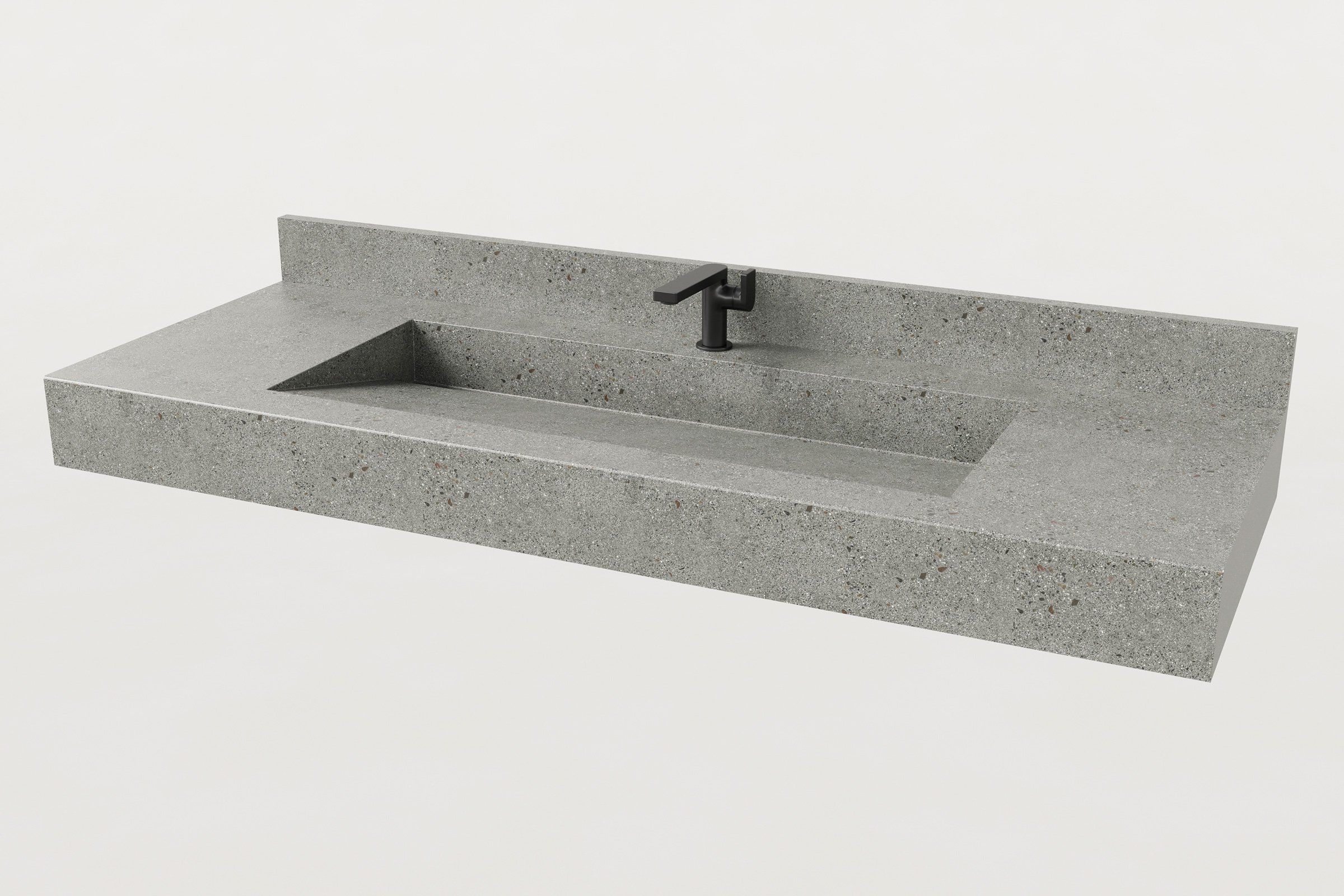 Manos Trof Flow 60 concrete sink in Juda finish with integrated backsplash and matte black faucet.