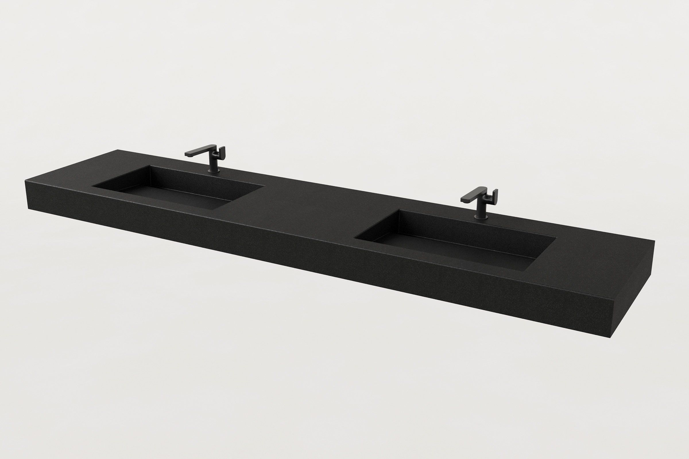 Black concrete double sink with two separate rectangular basins and matte black faucets.