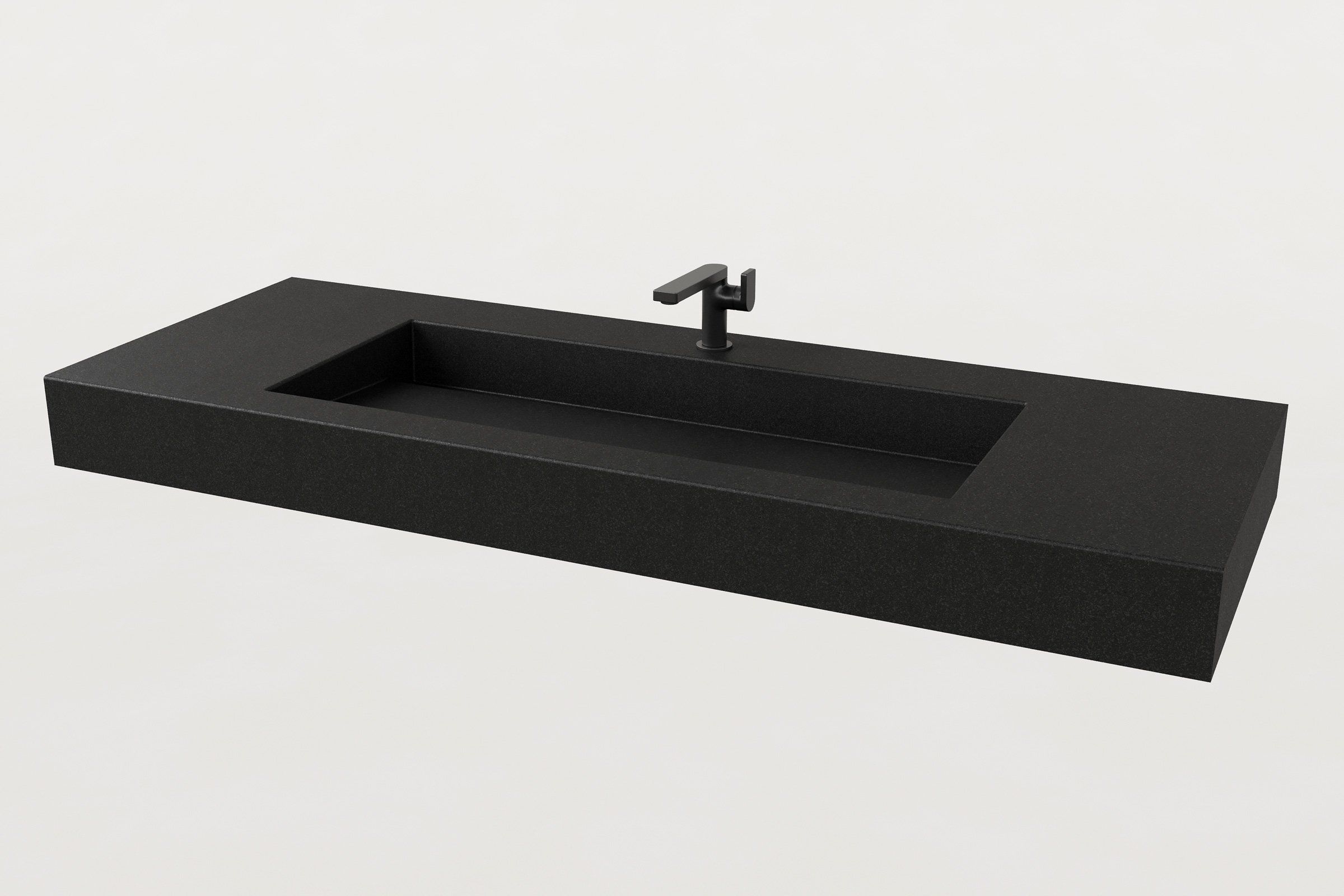 Trof Drop 60 Storm sink with a matte black faucet centered above the basin.