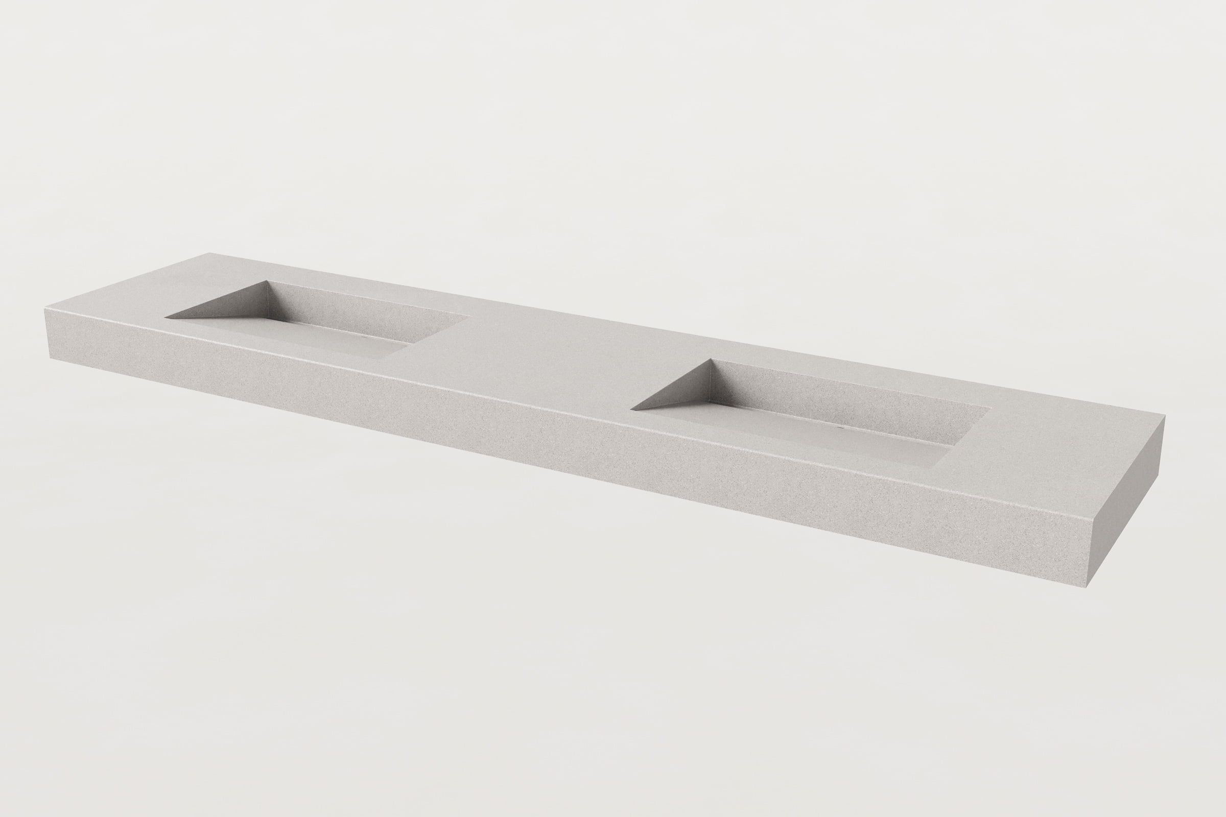 Gray Trof sink with two basin slopes, no faucets.