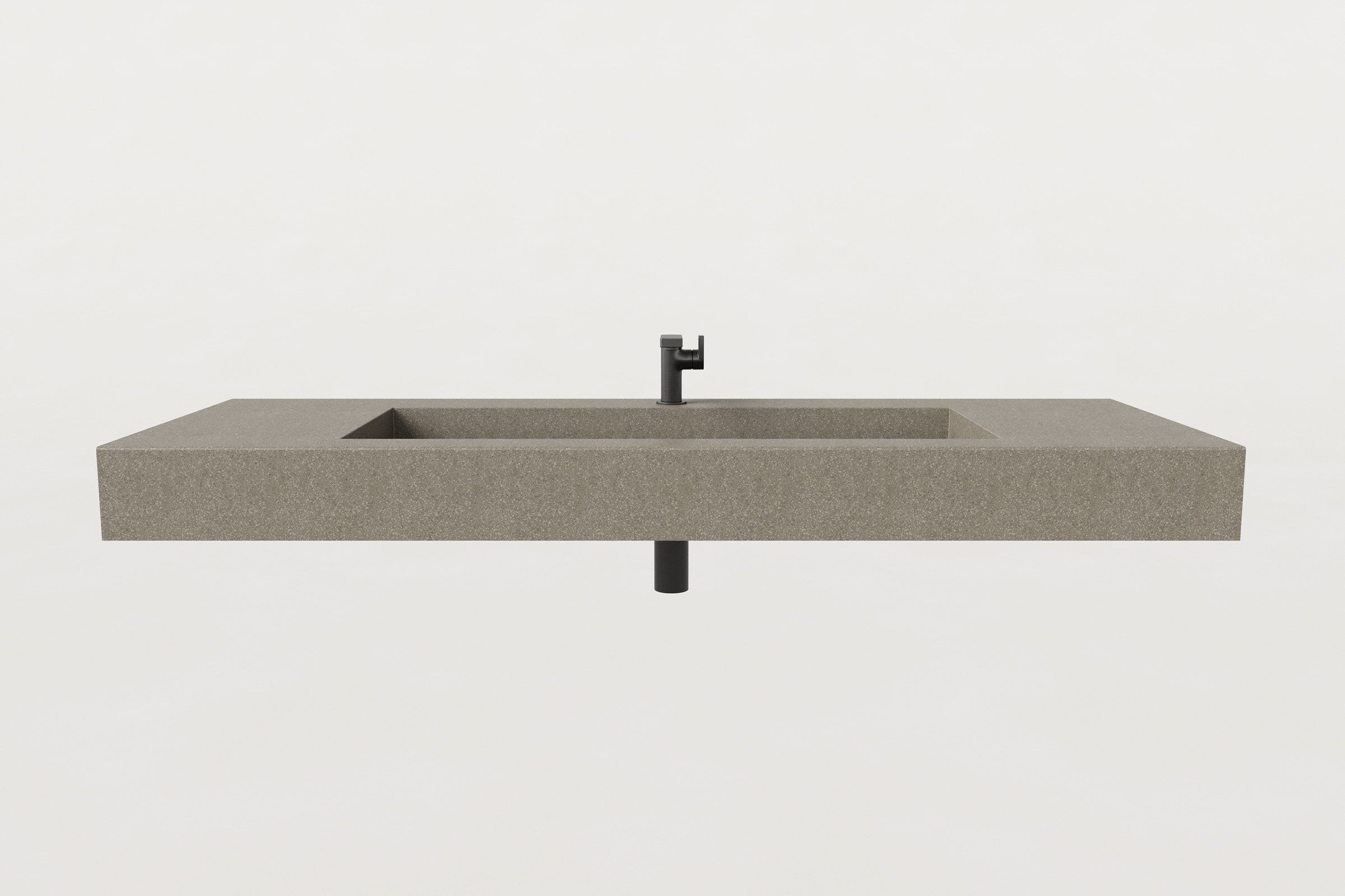 Straight-on view of the Hurricane sink with centered black faucet and visible bottom drain pipe.