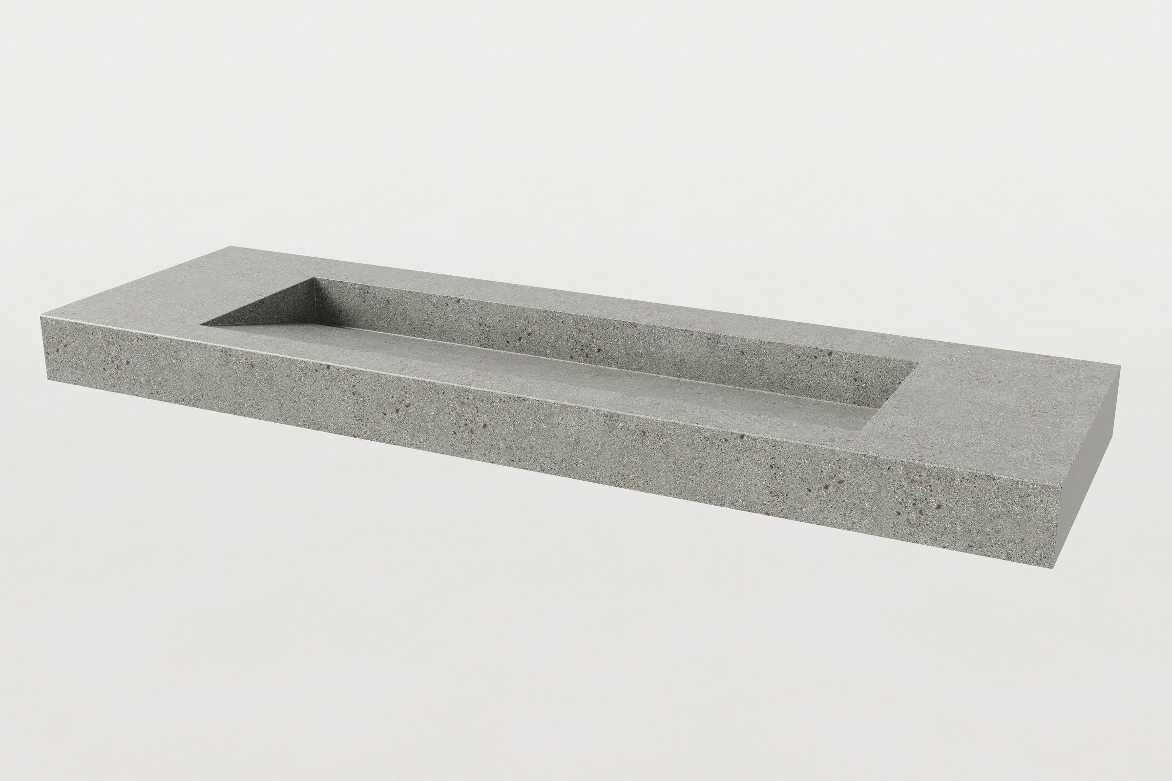 A light grey concrete sink without faucet or backsplash, featuring subtle aggregate and a softly textured surface.