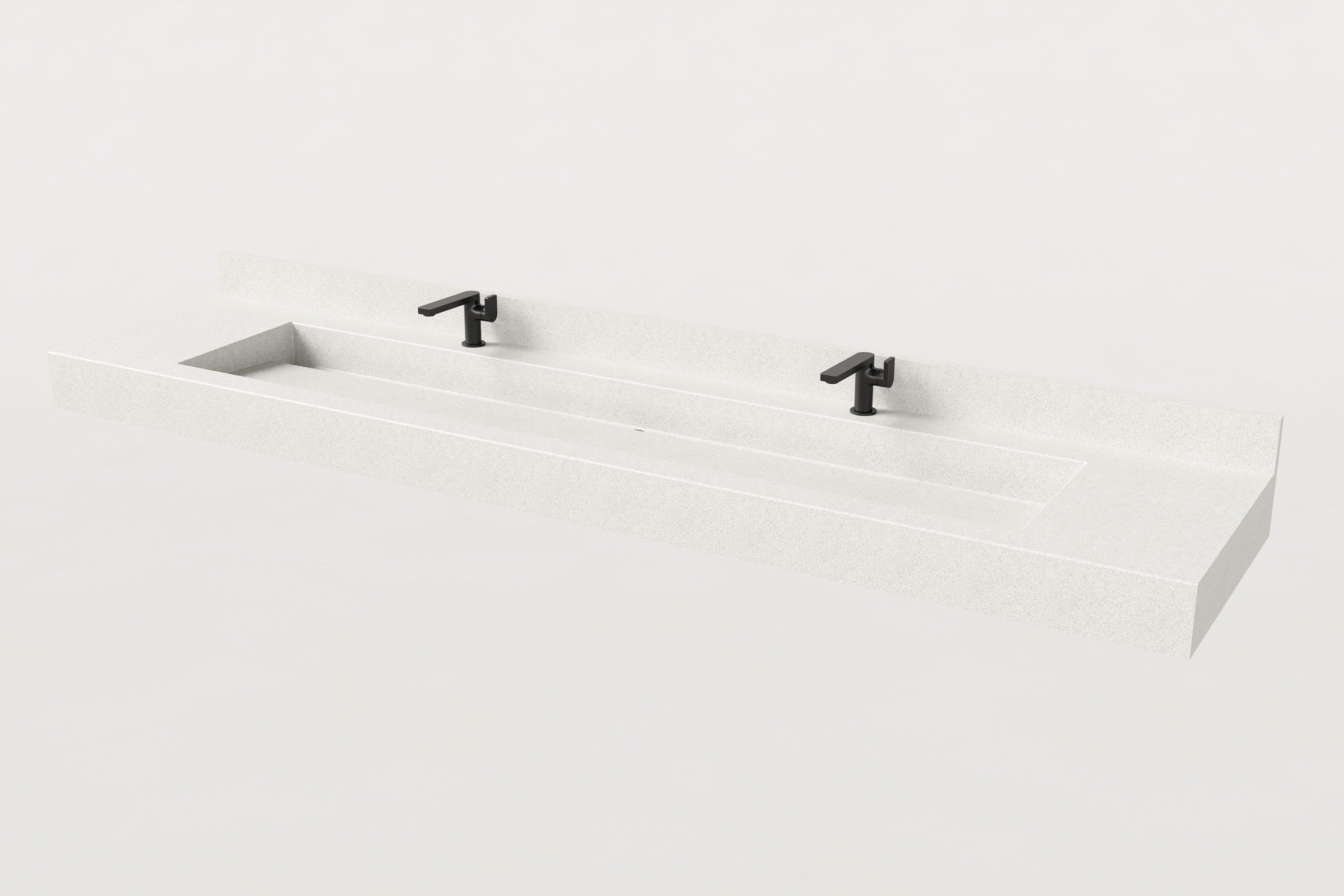 White concrete sink with a rectangular basin and two black matte faucets, viewed with a low backsplash.