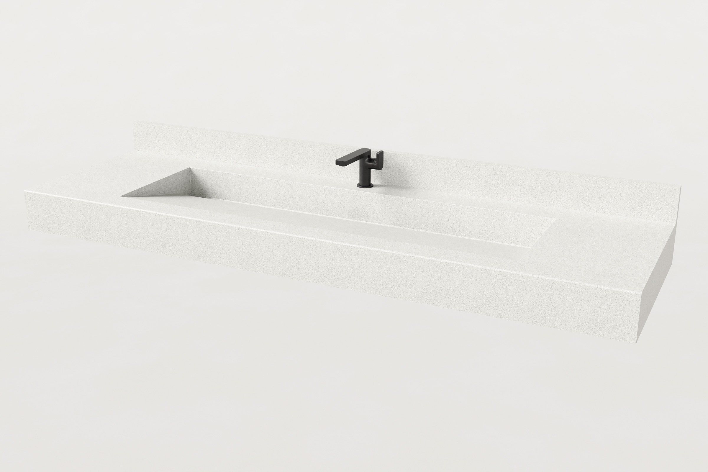 The Chalk sink with both the matte black faucet and a matching concrete backsplash running the length of the rear edge.