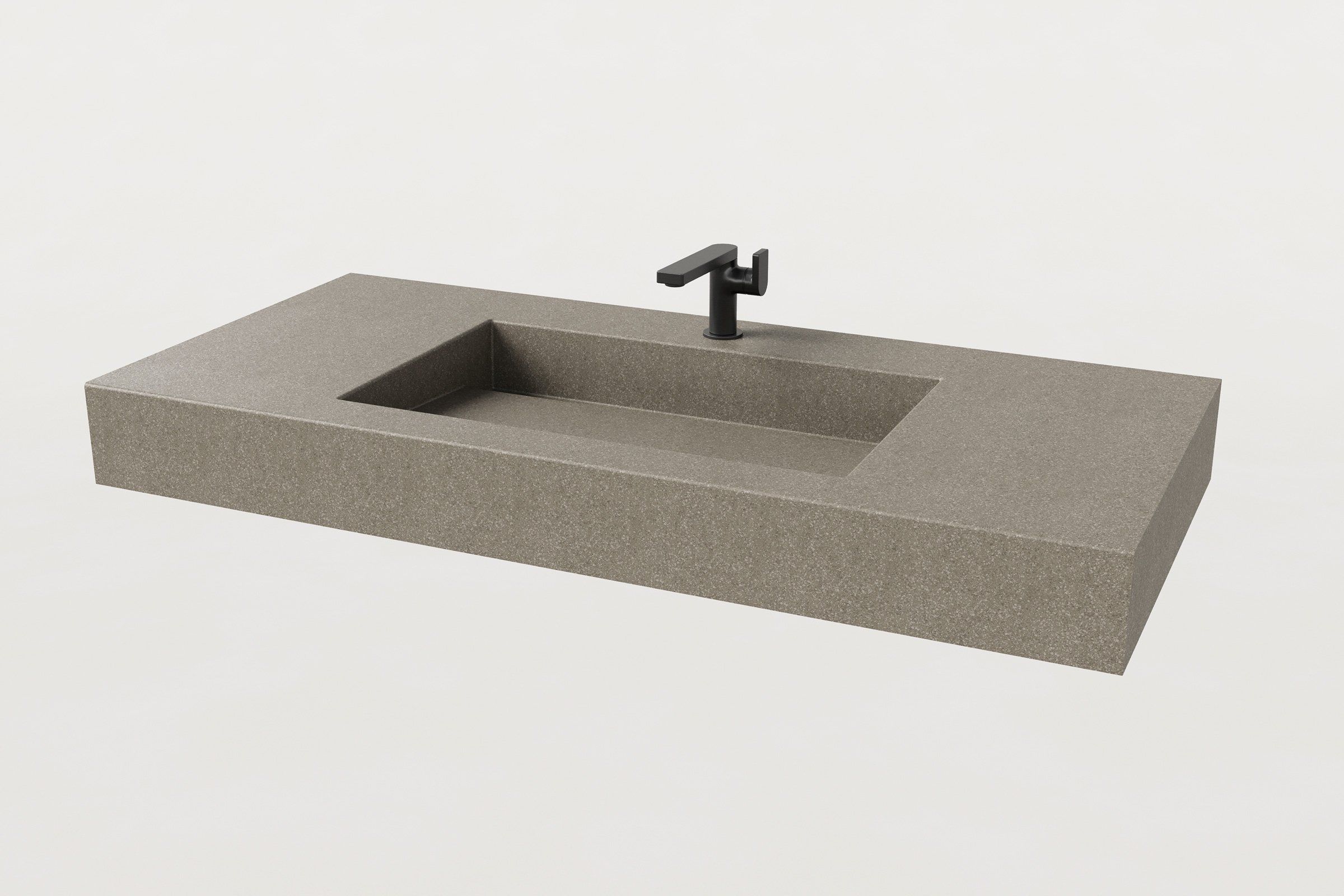 Manos Trof Drop 48 concrete sink in Hurricane finish with matte black modern faucet.