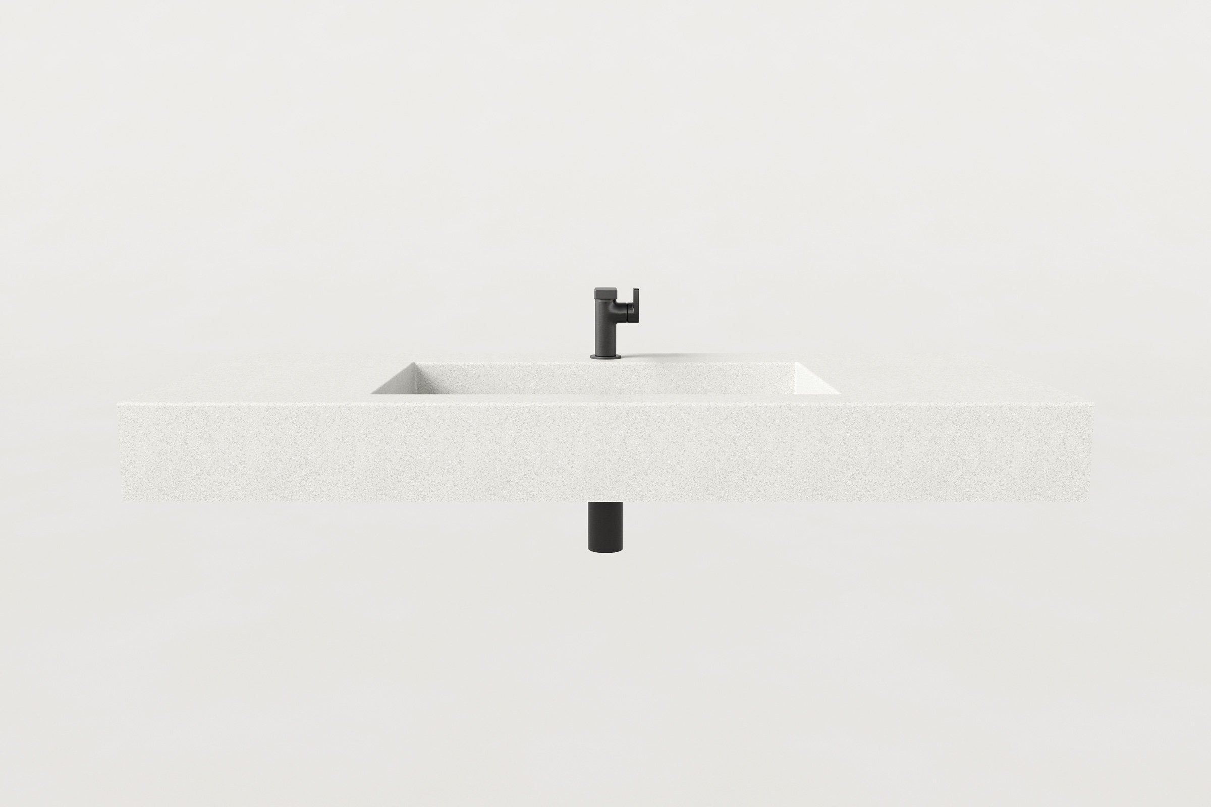 Front view of Manos Trof Drop 48 concrete sink in Chalk finish with matte black faucet and minimalist design.