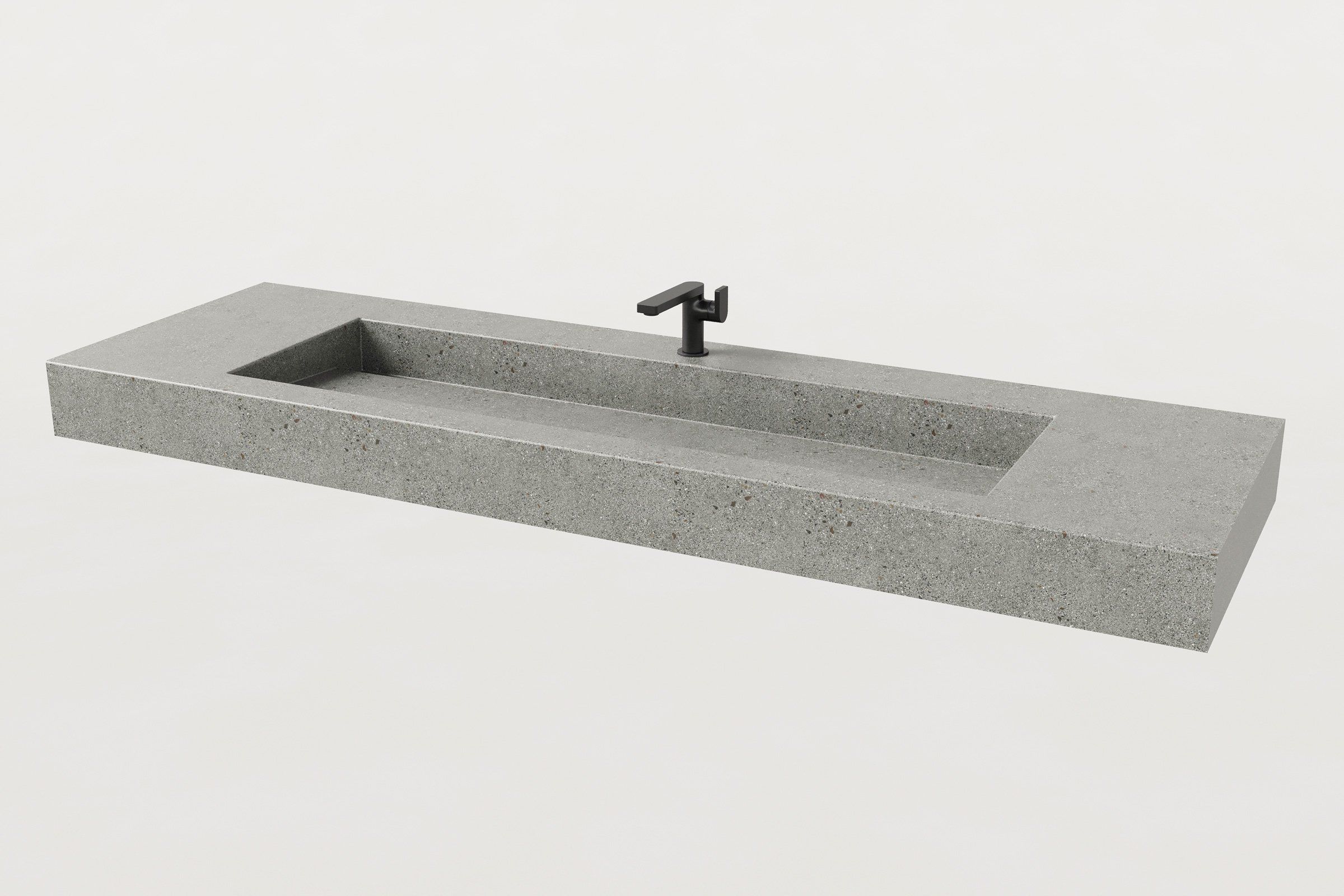 Concrete Trof Drop 72 sink in Juda finish with matte black faucet, no backsplash, angled view.