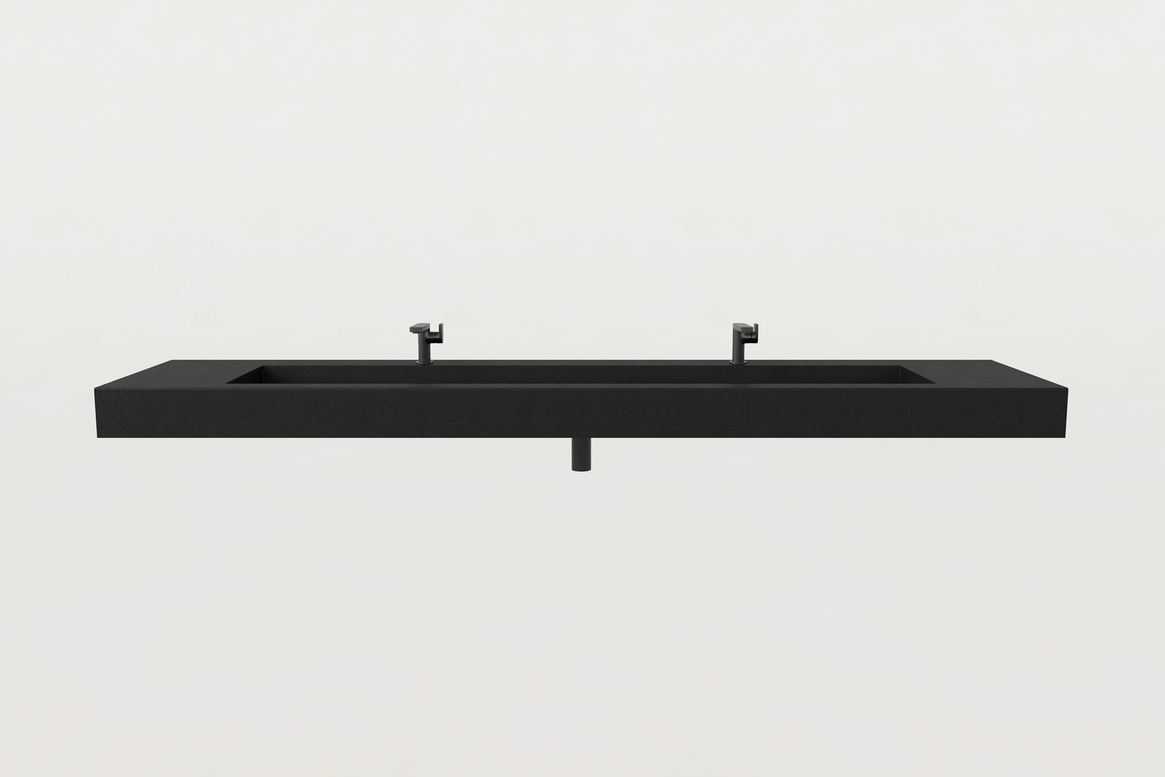 Front view of black double-faucet Trof sink.