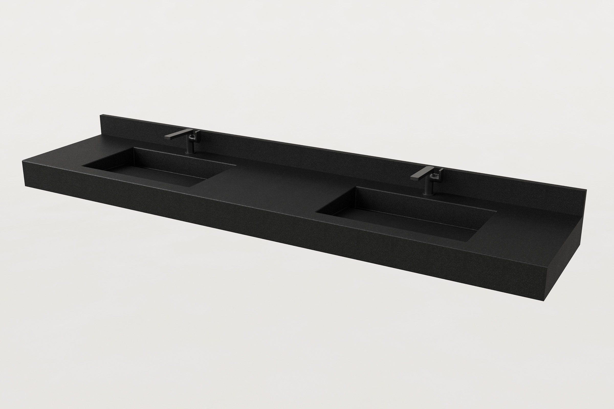 Angled view of a black double concrete sink with backsplash and two matte black faucets.