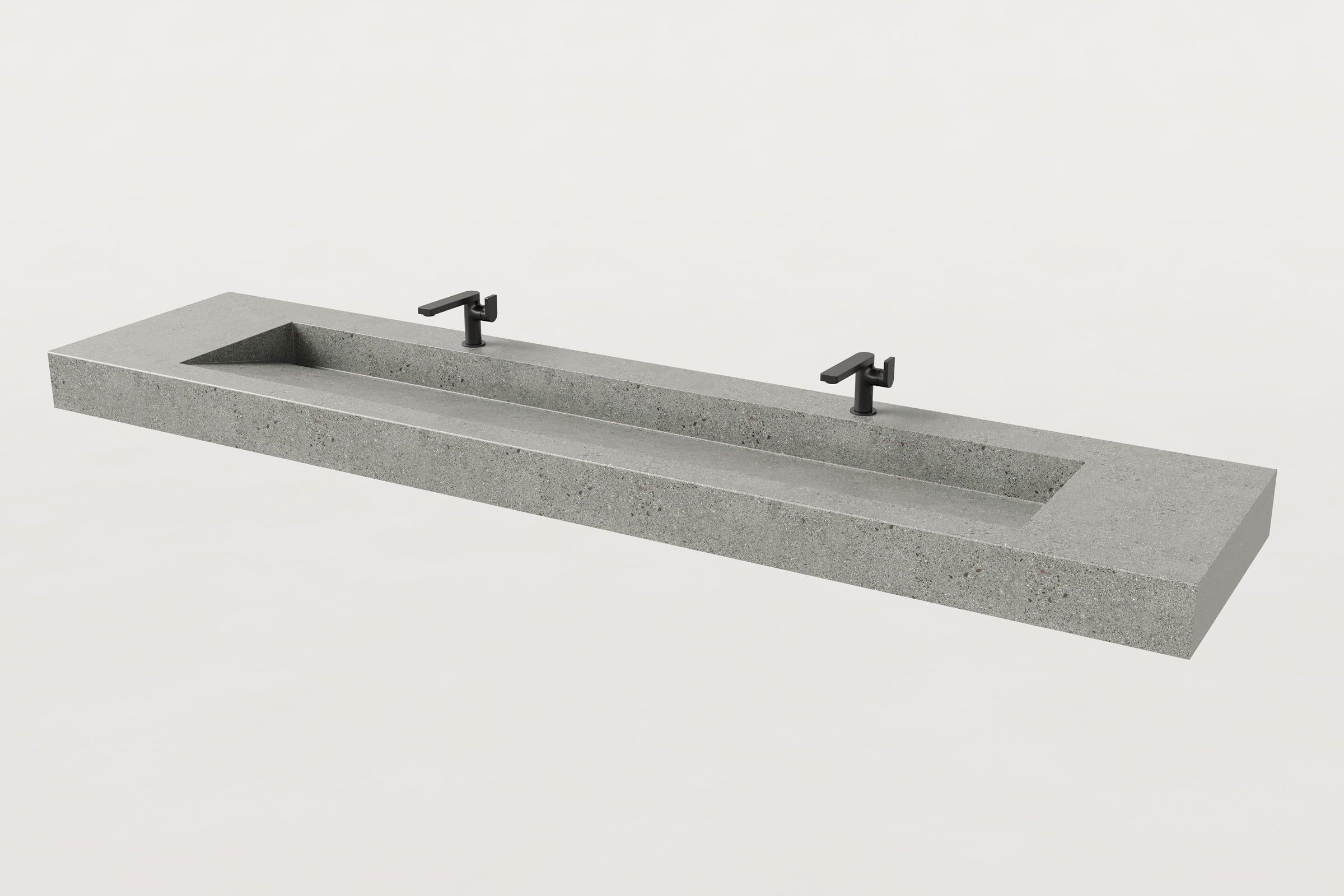 Gray terrazzo Trof sink with two matte black faucets.
