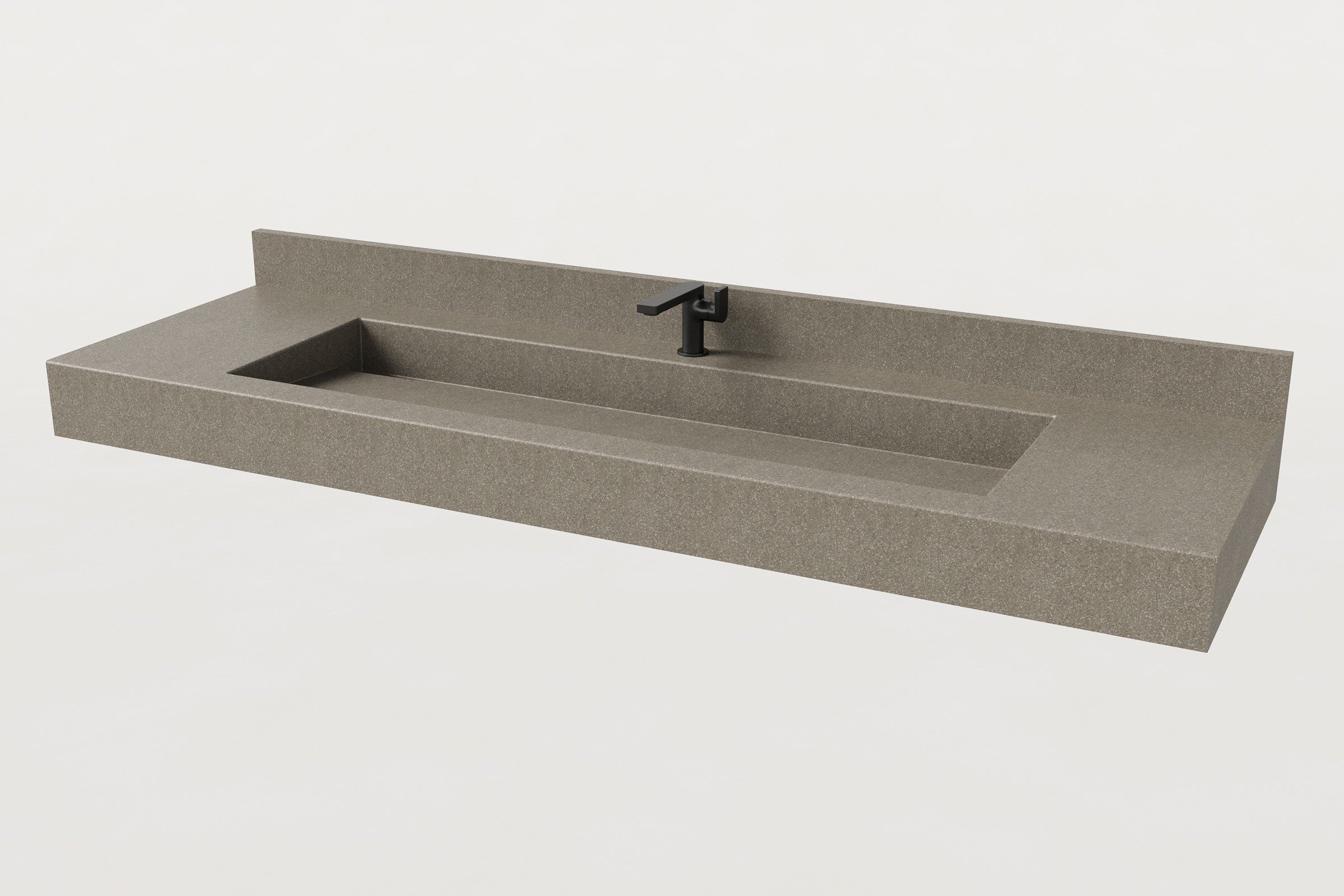 Concrete Trof Drop 72 sink in Hurricane finish with matte black faucet and integrated backsplash, angled view.