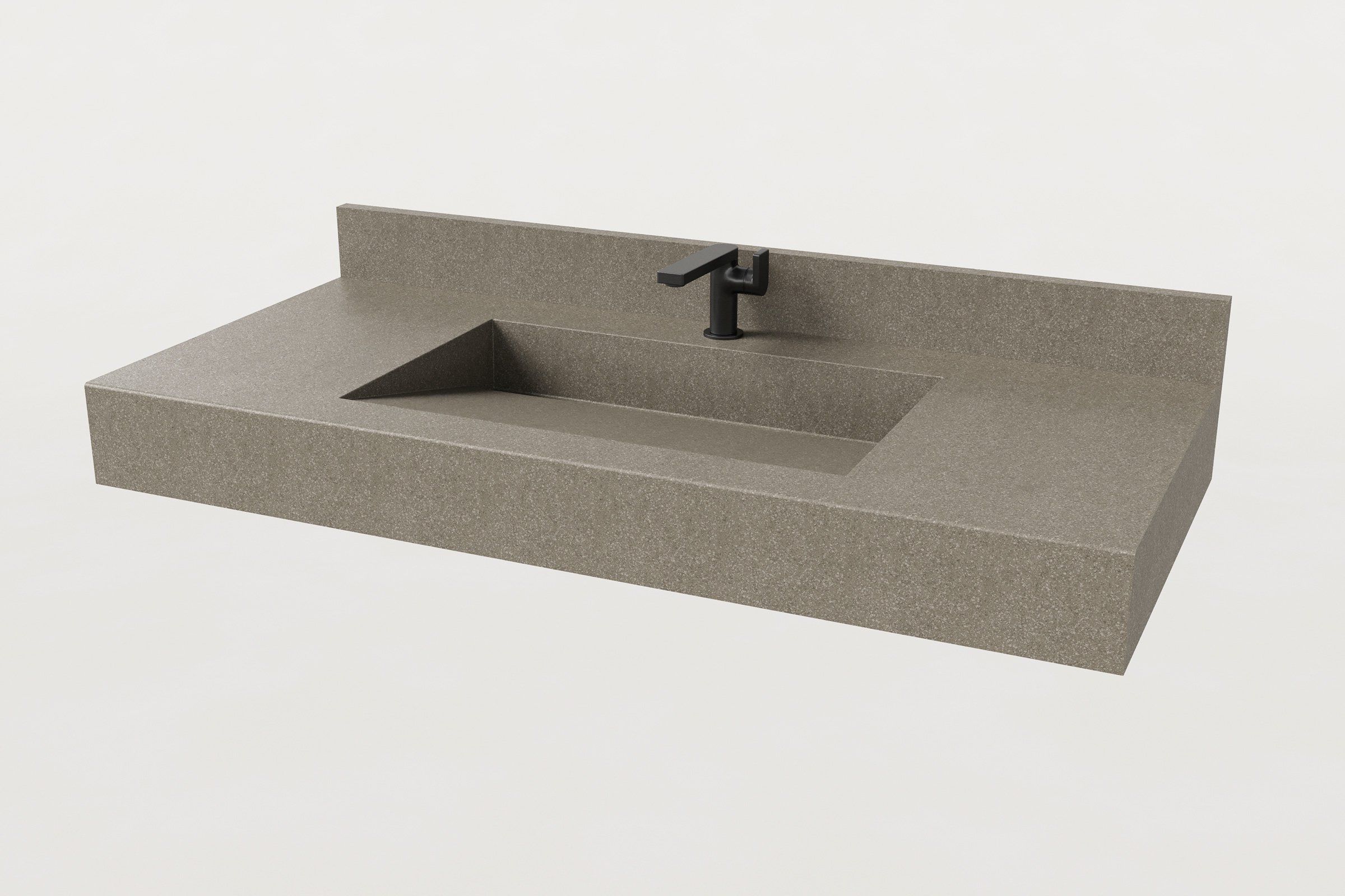 Hurricane finish Trof Flow 48 sink with integrated backsplash and matte black faucet.