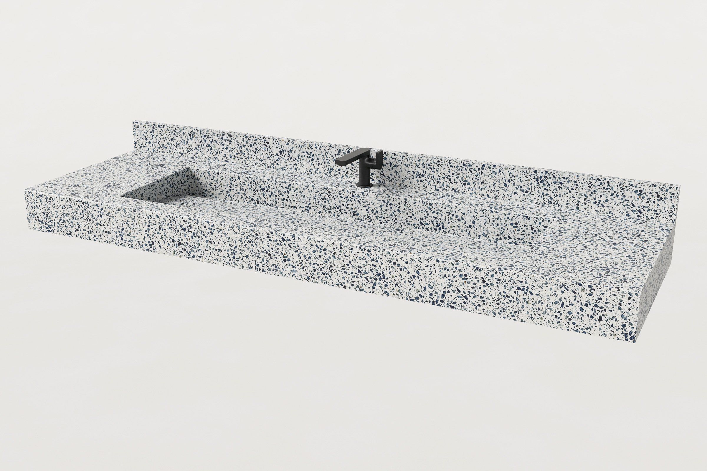 Terrazzo trough sink with integrated backsplash and matte black faucet.