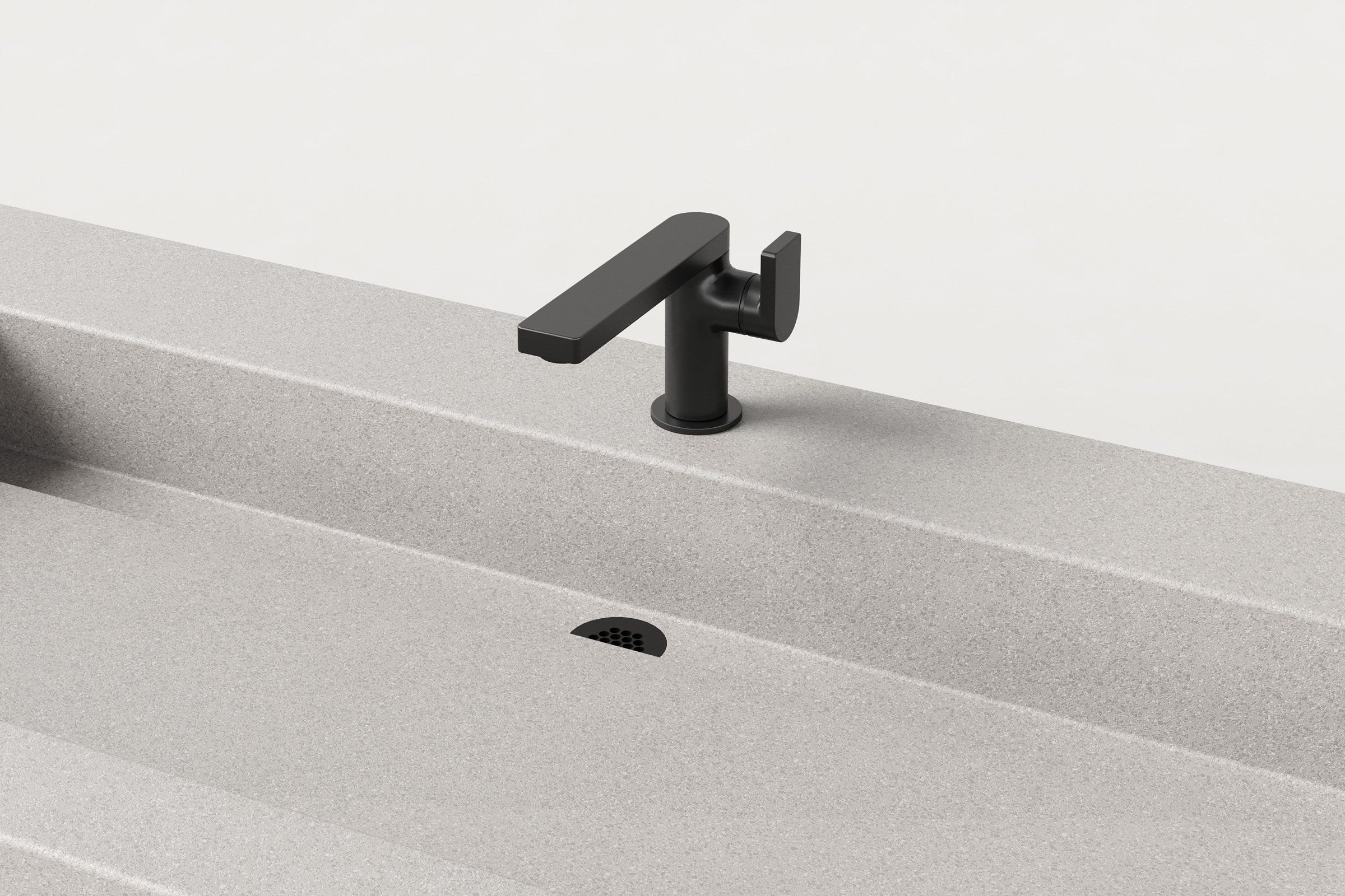 Close-up of Trof Drop 60 sink in Fog finish, showing matte black faucet, integrated slope, and linear drain cover.