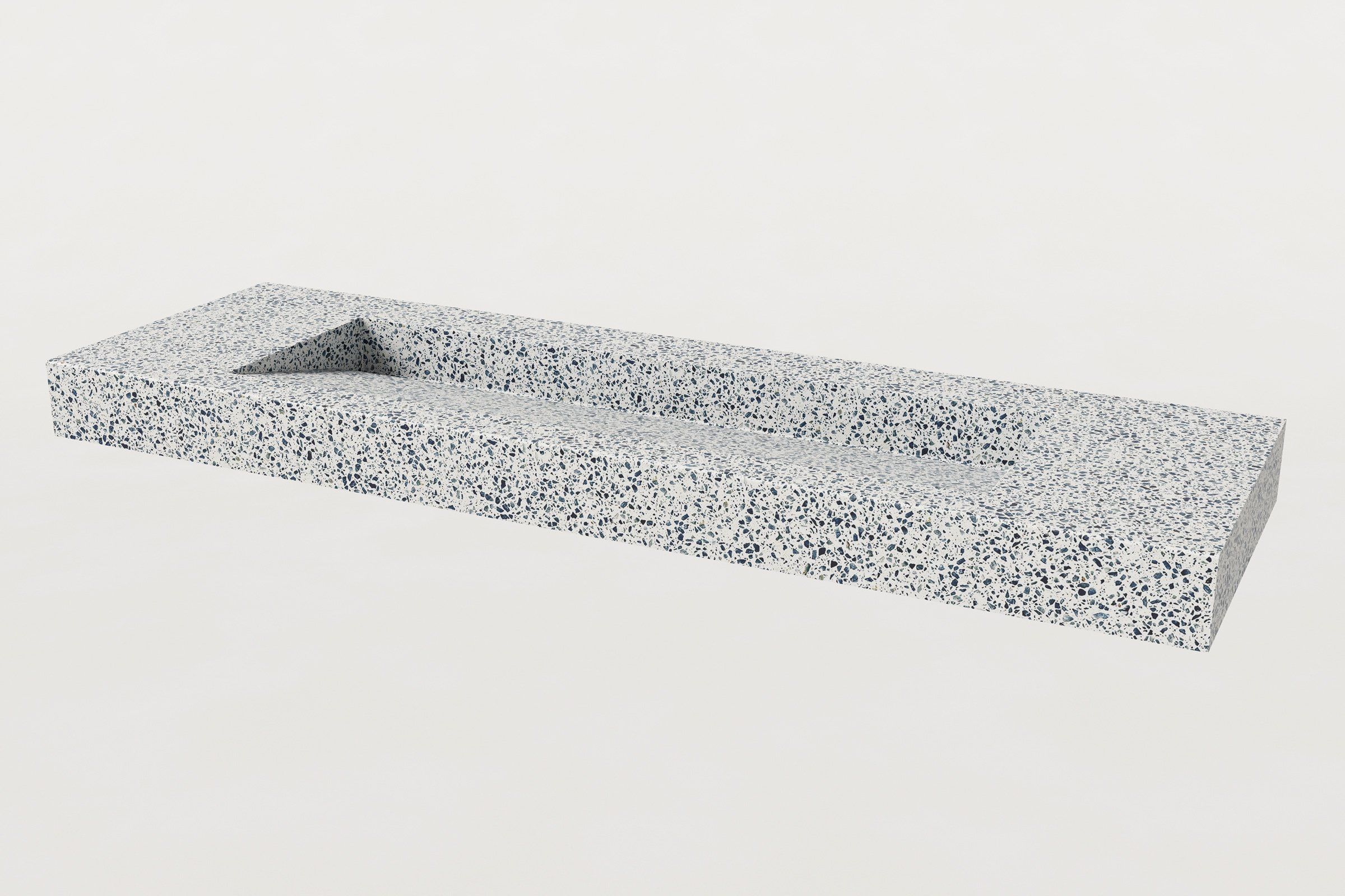 Manos Trof 72" concrete trough sink in Unazzo terrazzo finish with blue and white aggregate.