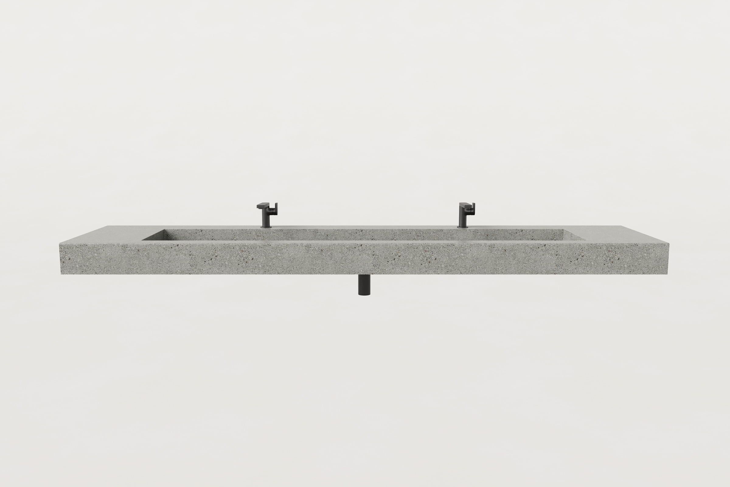 Front view of gray terrazzo double-faucet Trof sink.