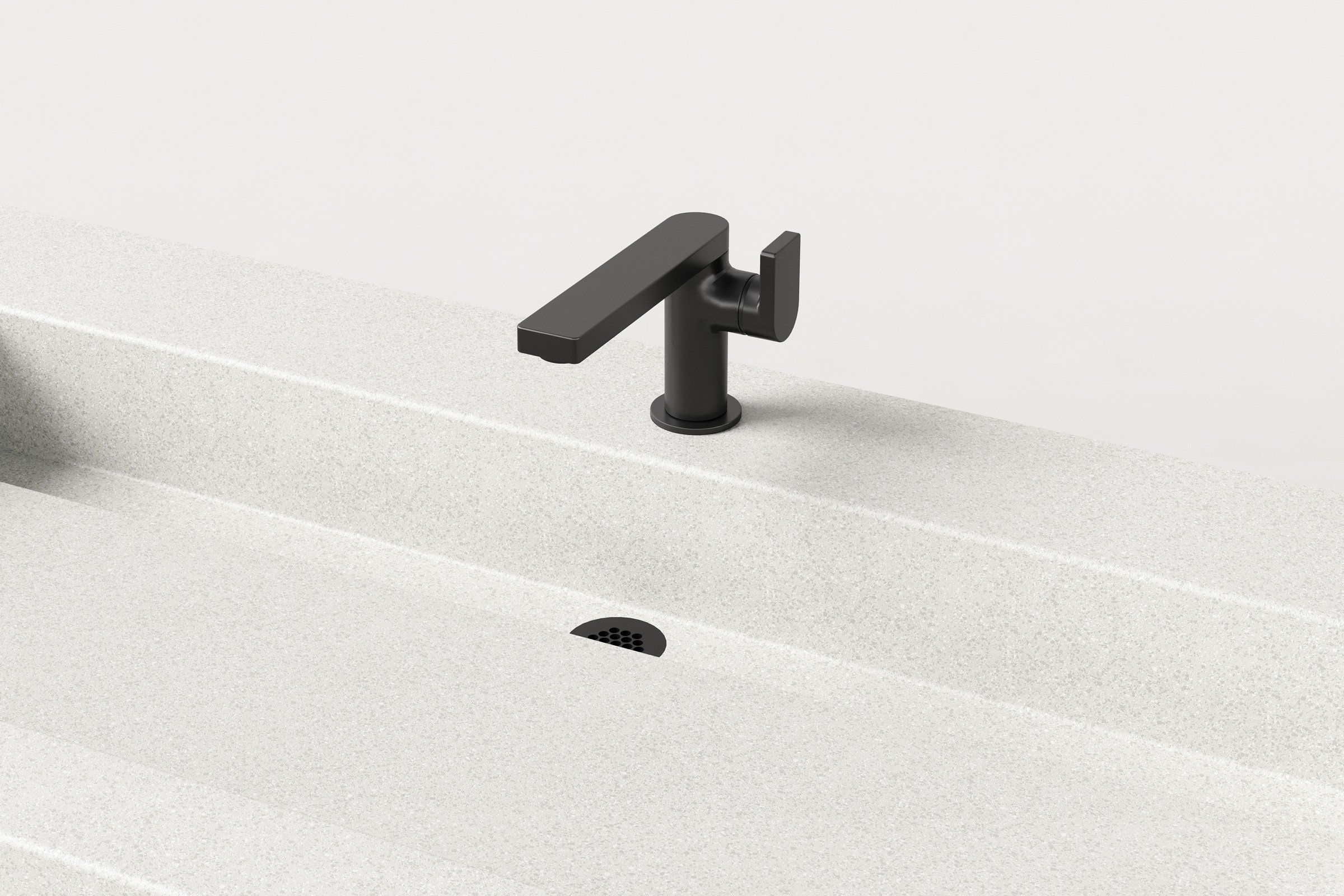 Trof Drop 60 Chalk wall-mounted sink with backsplash, matte black faucet, and seamless concrete construction for ADA-accessible spaces.