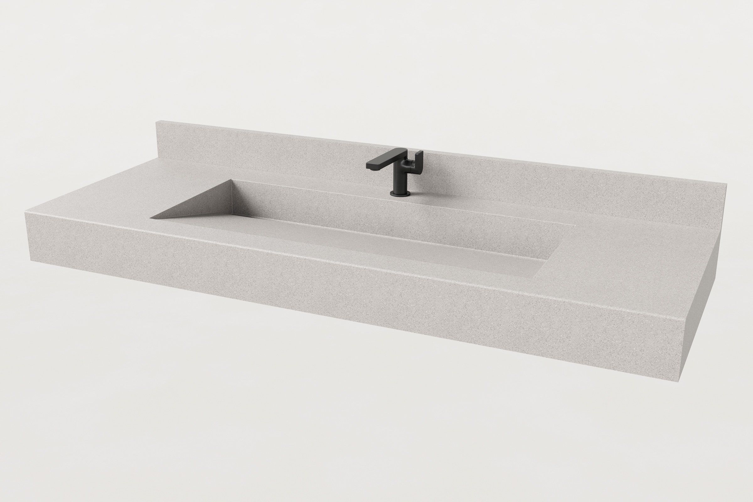 Render of the Fog concrete sink basin with matte black faucet and integrated matching concrete backsplash.