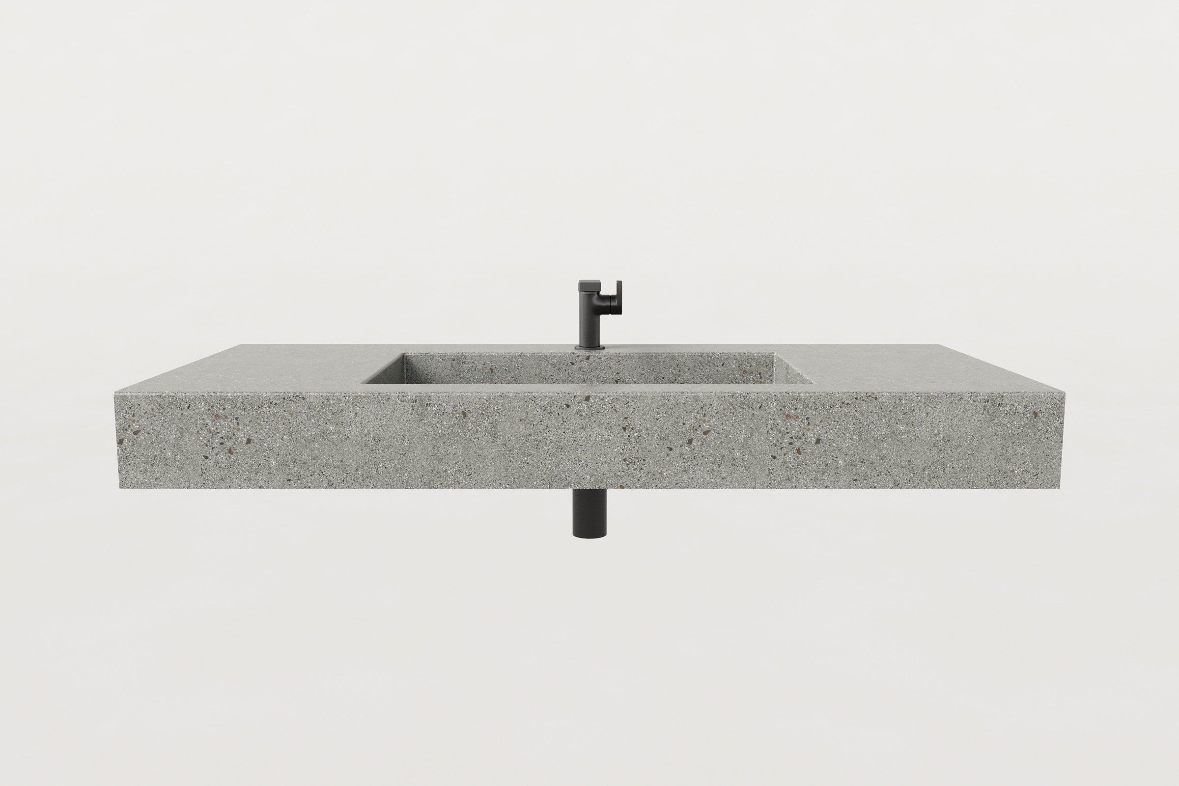Front view of Manos Trof Drop 48 concrete sink in Juda finish with matte black faucet and minimalist design.