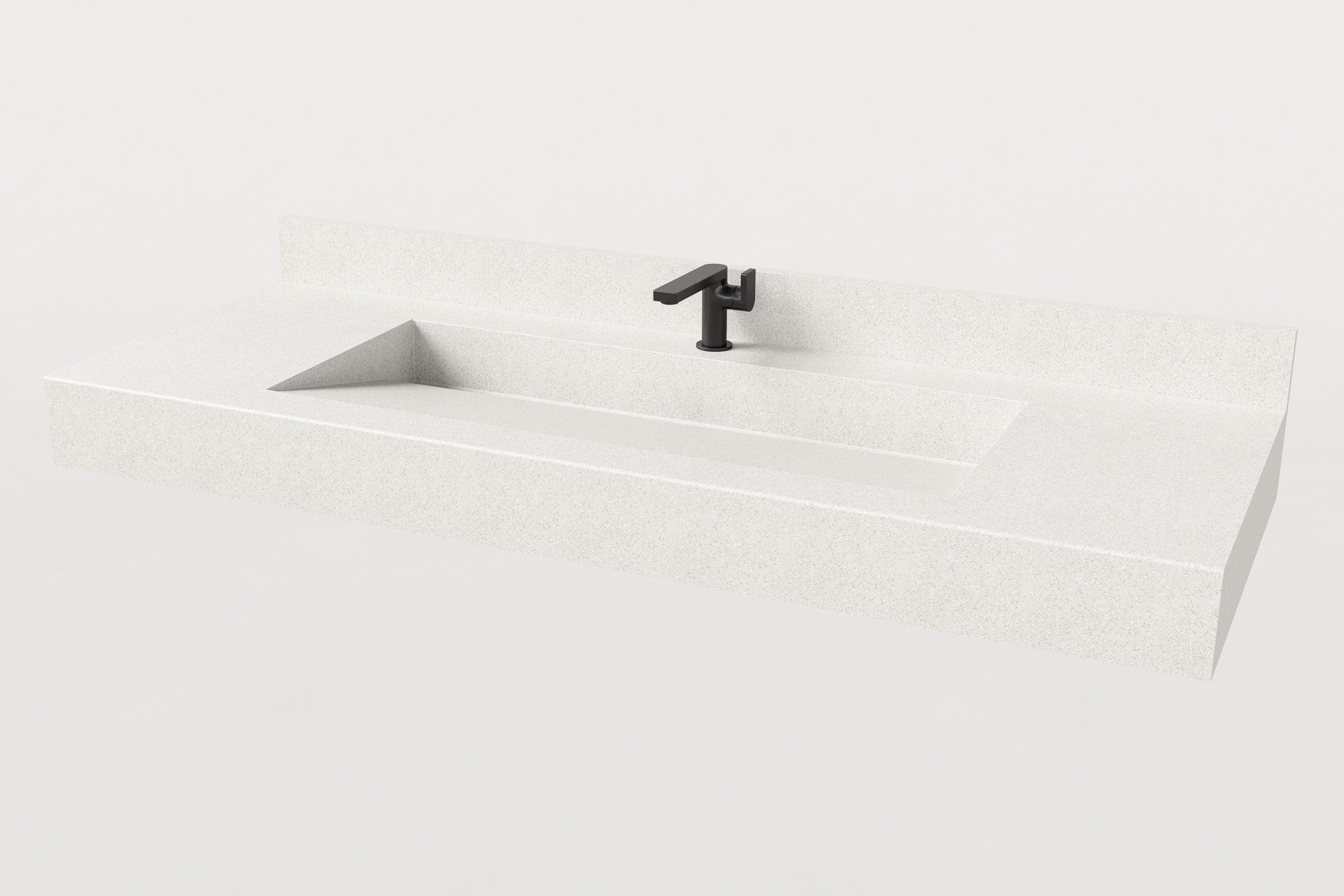 Render of the Chalk concrete sink basin with matte black faucet and integrated matching concrete backsplash.