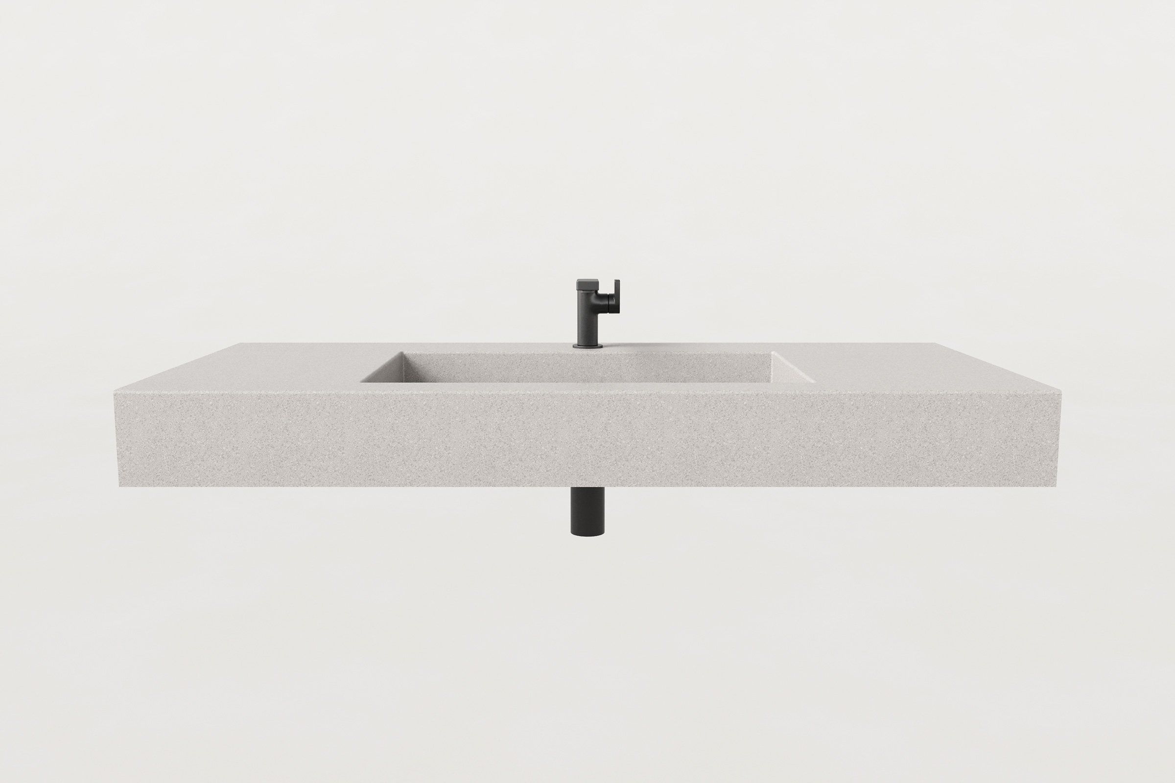Front view of Manos Trof Drop 48 concrete sink in Chalk finish with matte black faucet and minimalist design.