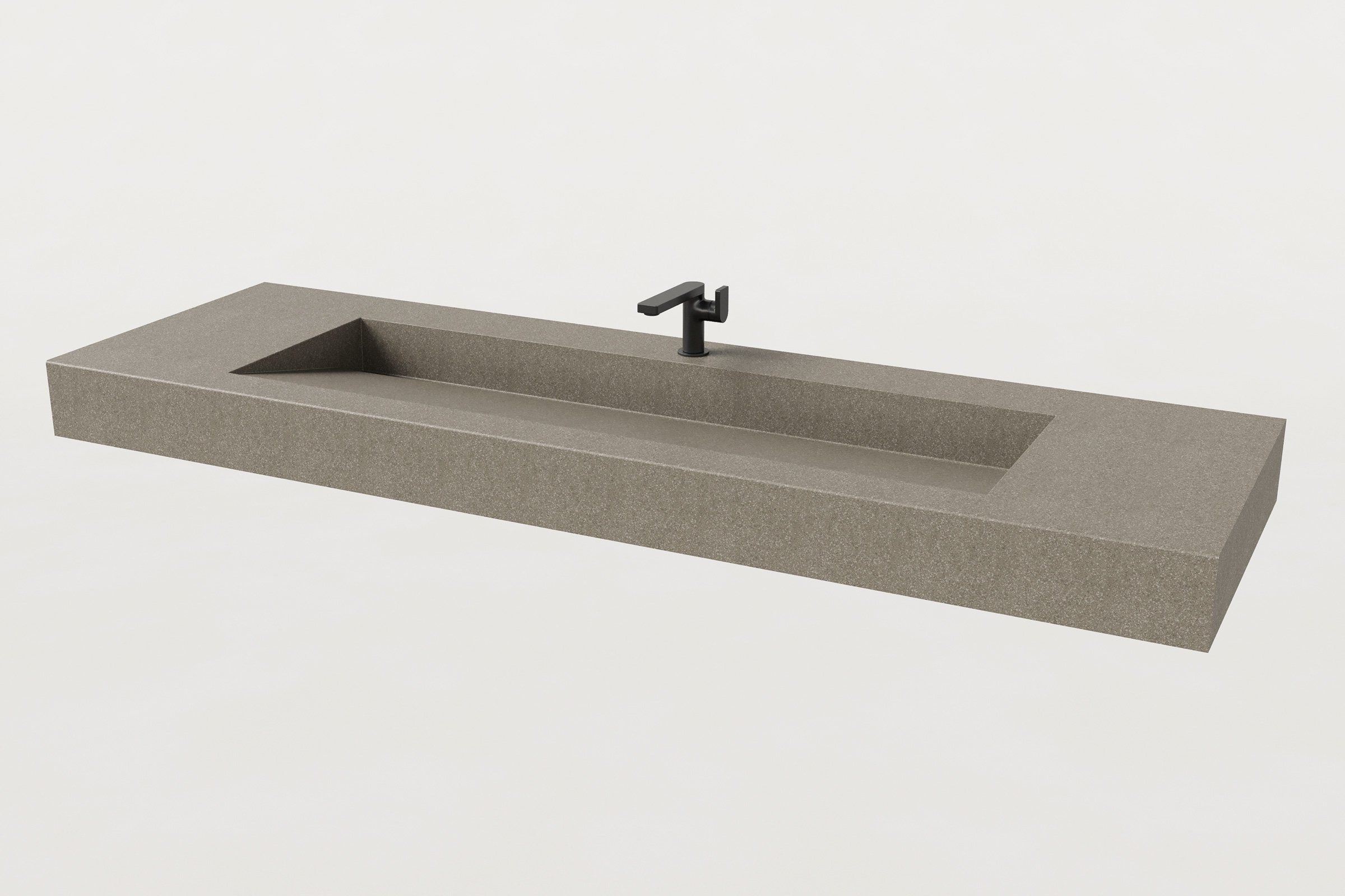 The same taupe-grey concrete sink with a black modern faucet mounted in the center, no backsplash.