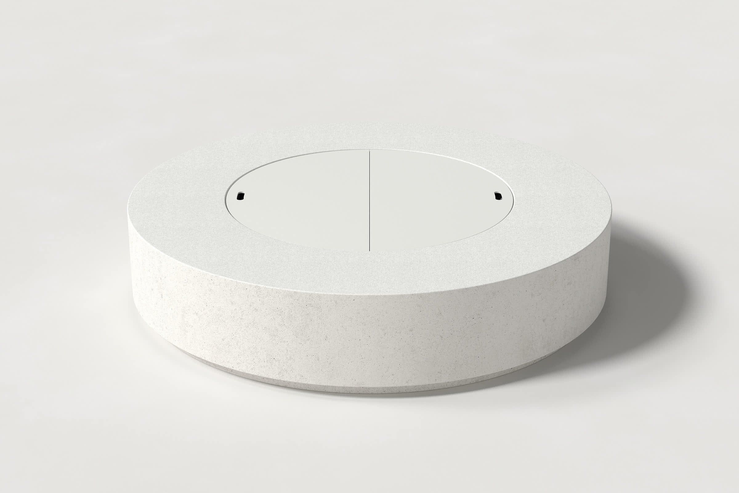 Low cylindrical white concrete fire pit with thick walls and a central circular well. Mid-range angle shows the well covered with matching cover with handles against a white background.