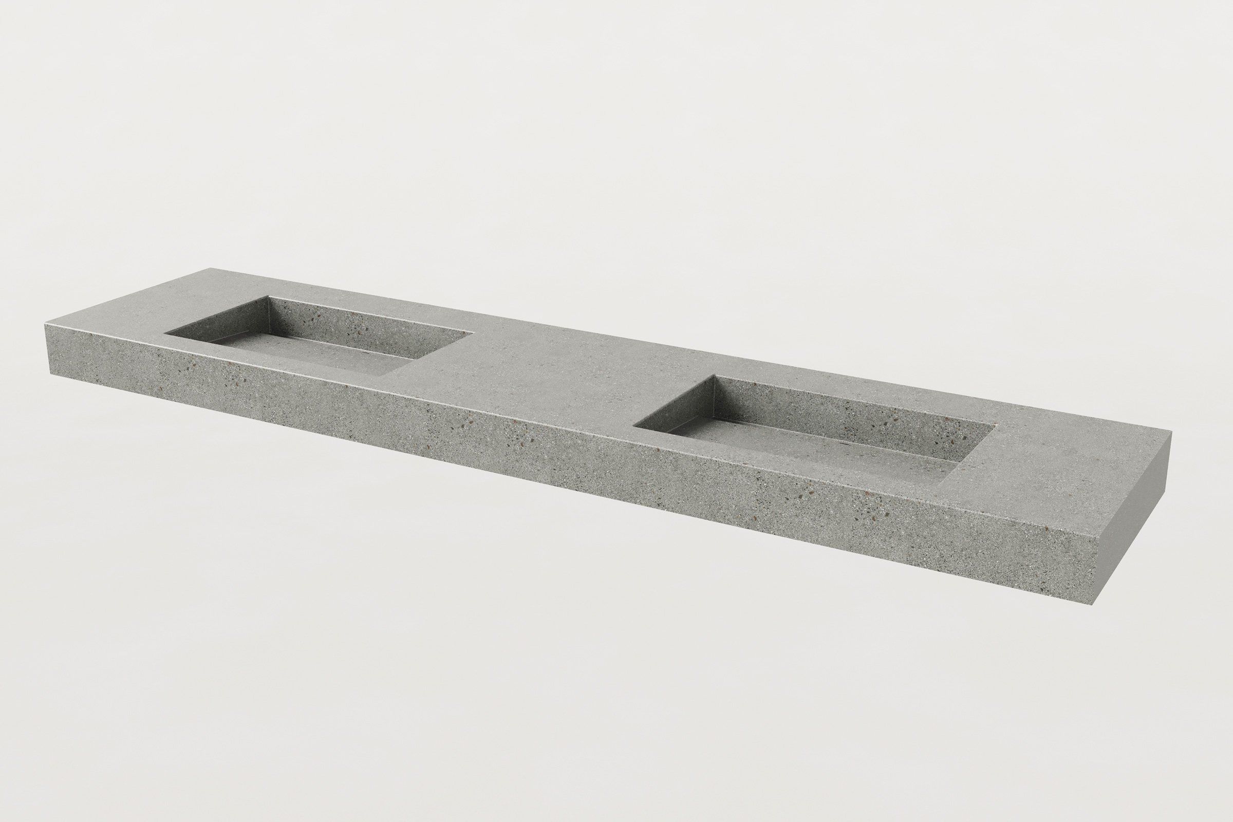 Concrete double-basin sink with two integrated rectangular basins.