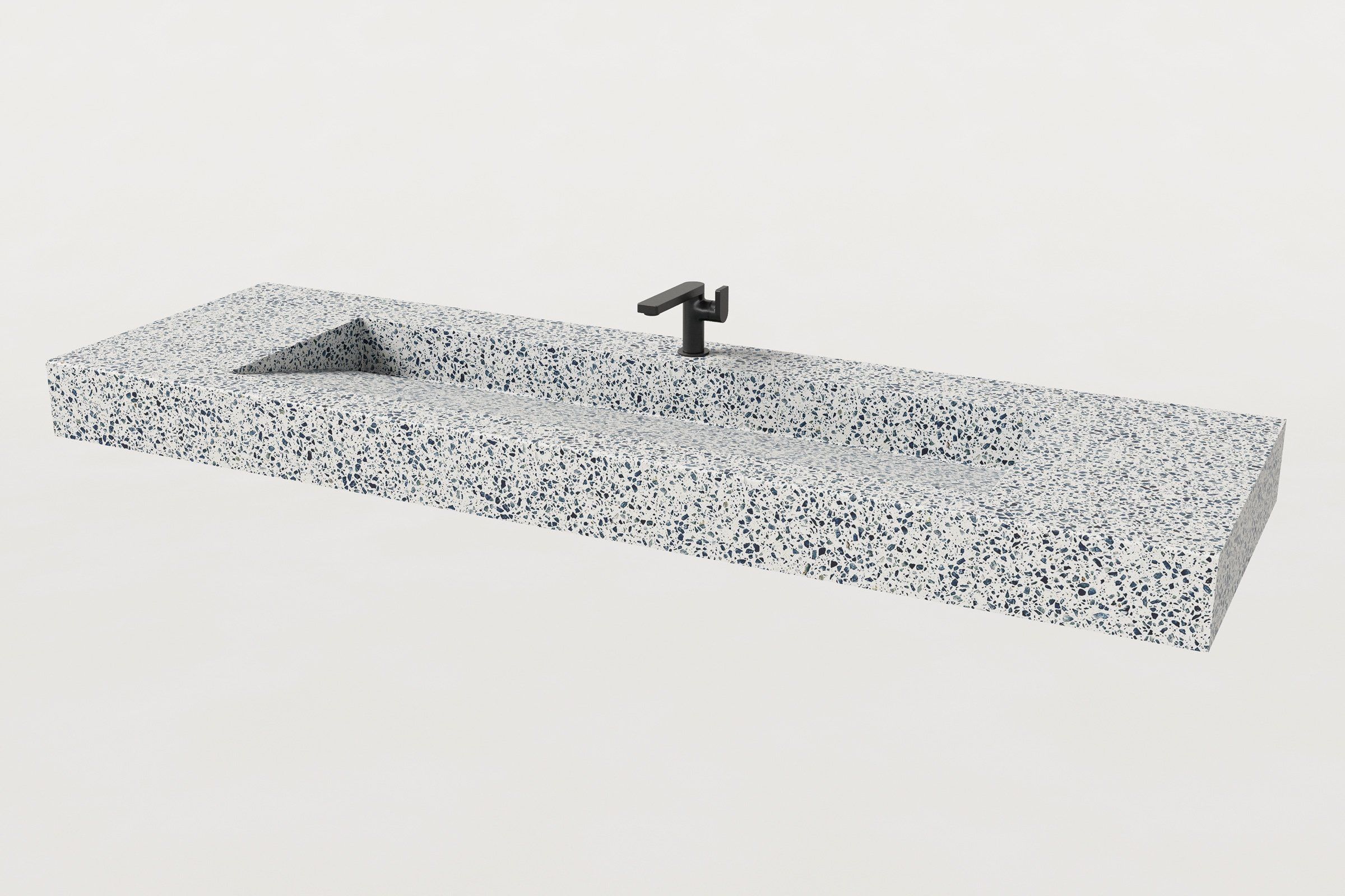 Trof sink in Unazzo terrazzo finish with matte black faucet, 72-inch trough design.