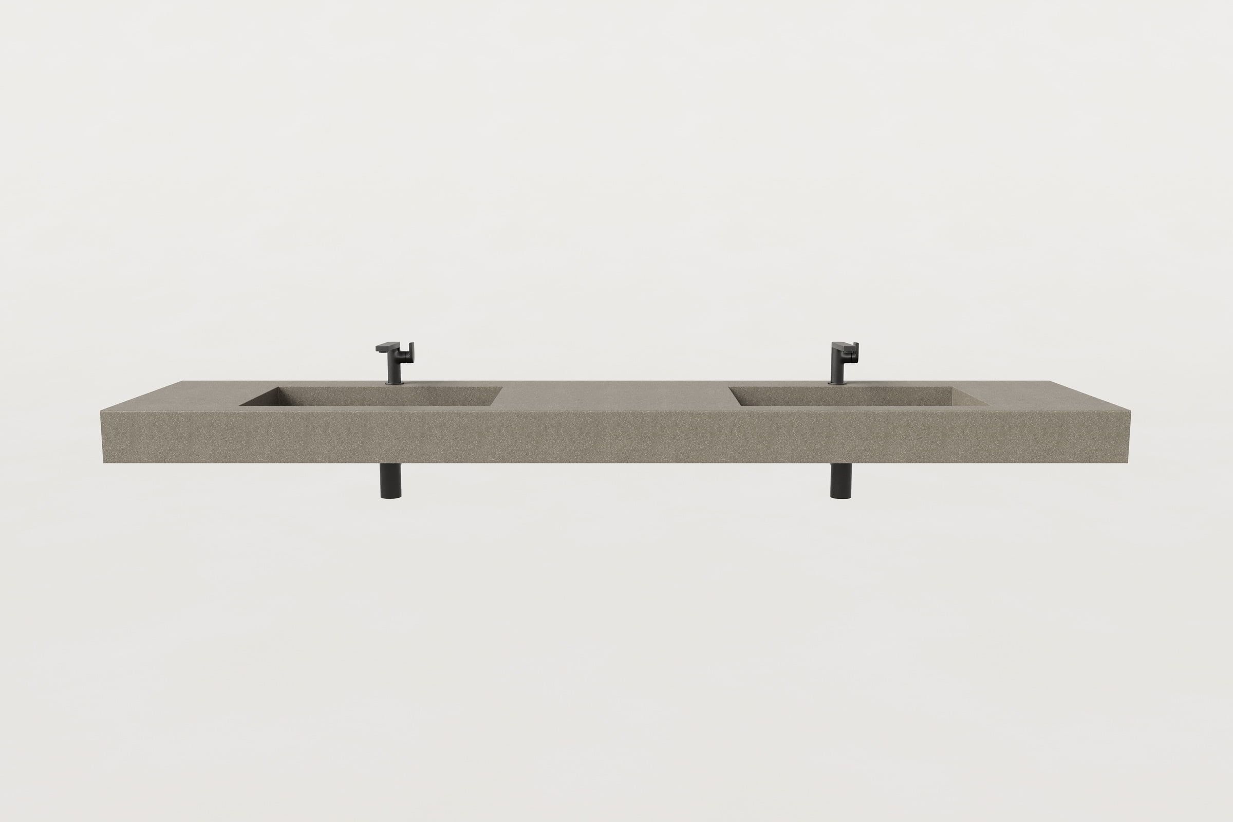Front view of beige double-basin Trof sink with two drains.