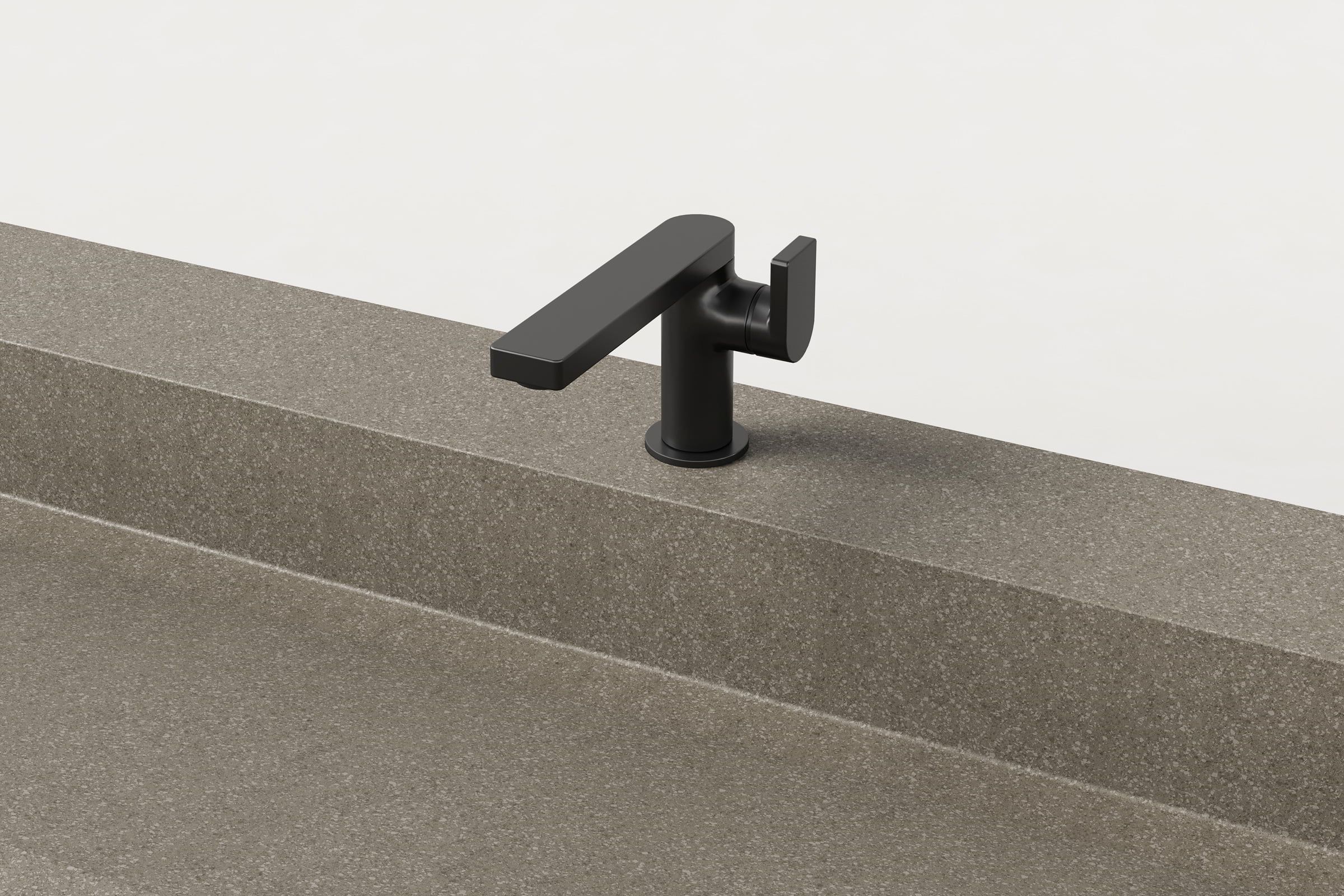 Close-up of matte black faucet on Hurricane Trof sink.