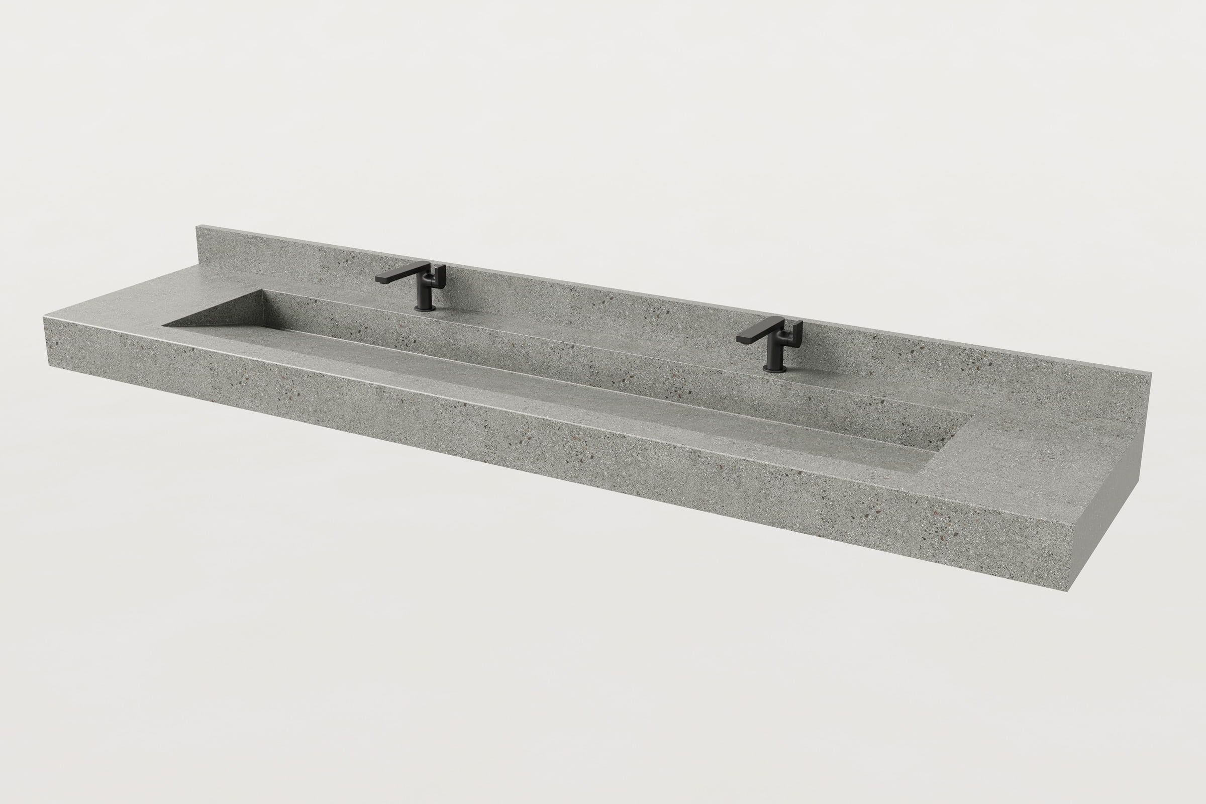 Gray terrazzo double-faucet Trof sink with backsplash.