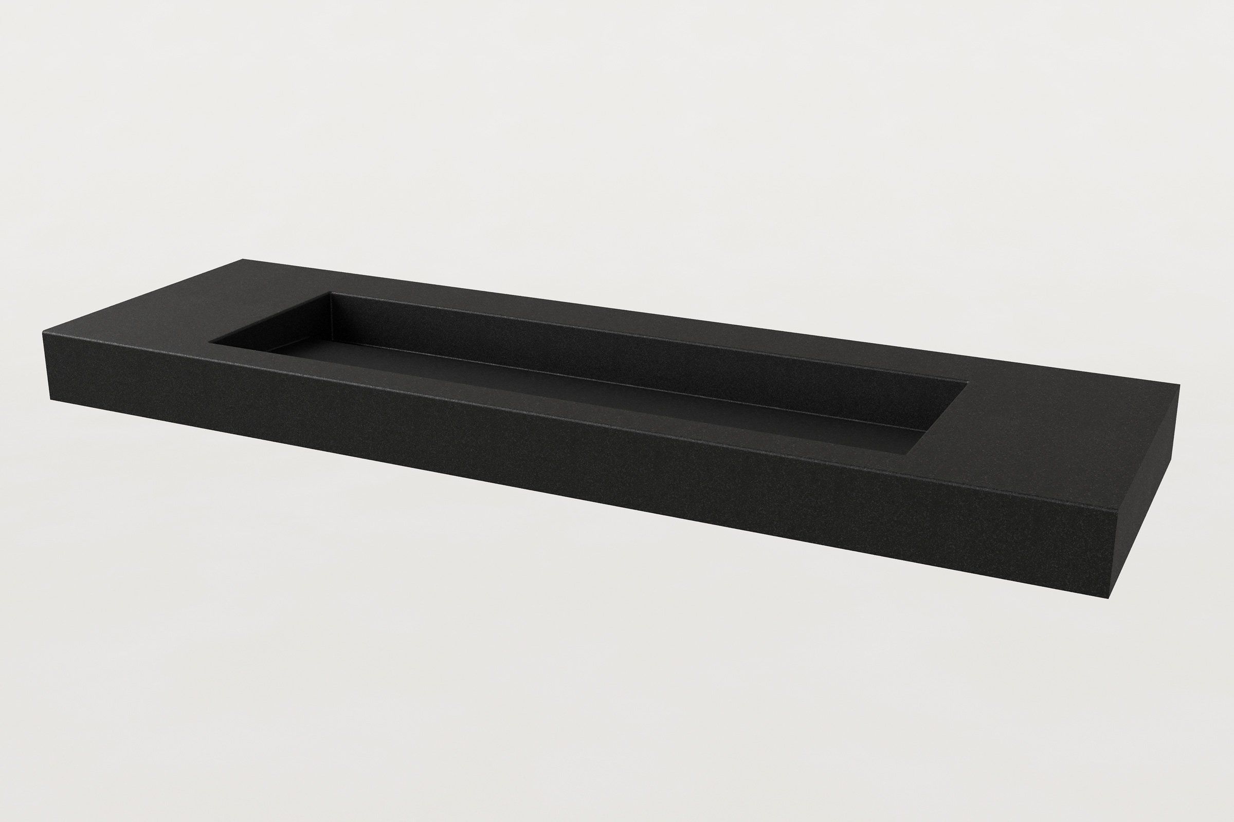 Rendered image of a rectangular black concrete trough sink with a wide, shallow basin.